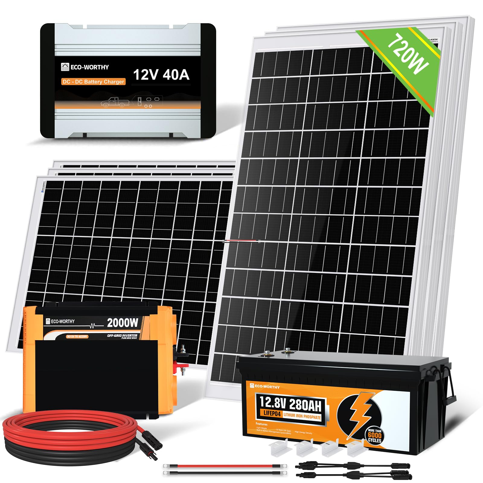 ECO-WORTHY 720W 0% VAT Solaranlage Komplettset netzunabhängiges für Wohnmobil Camper:6 Stücke 120W Solarpanel+1 Stücke LiFePO4 280Ah +Wechselrichter 2000W+DC-DC Ladebooster 12V 40A
