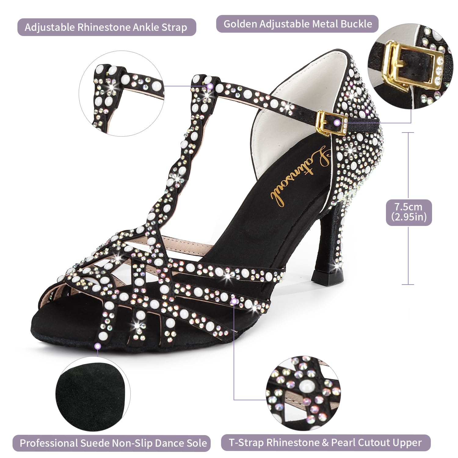 Latinsoul Y20534 Damen Latein Tanzschuhe mit Kristallverzierung, 7,5 cm Absatz, Verstellbarer Knöchelverschluss für Ball und Party