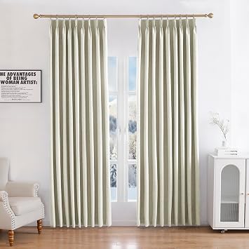 Linen Blended Pinch Pleated Curtains, 100% Blackout, 72 Inch Long with Hooks, Room Darkening Thermal Insulated Drapes for Bedroom, Living Room, Beige, 1 Panel, 60 W x 72 L