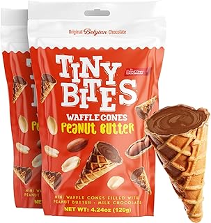 BeeMax Tiny Bites Peanut Butter Mini Waffle Cones - 4.24 oz Bag (Pack of 2) - Crispy Waffle Cones Filled w/Belgian Peanut Butter Chocolate - Bite-Sized Snacks for Parties, Lunchboxes & Dessert Boards