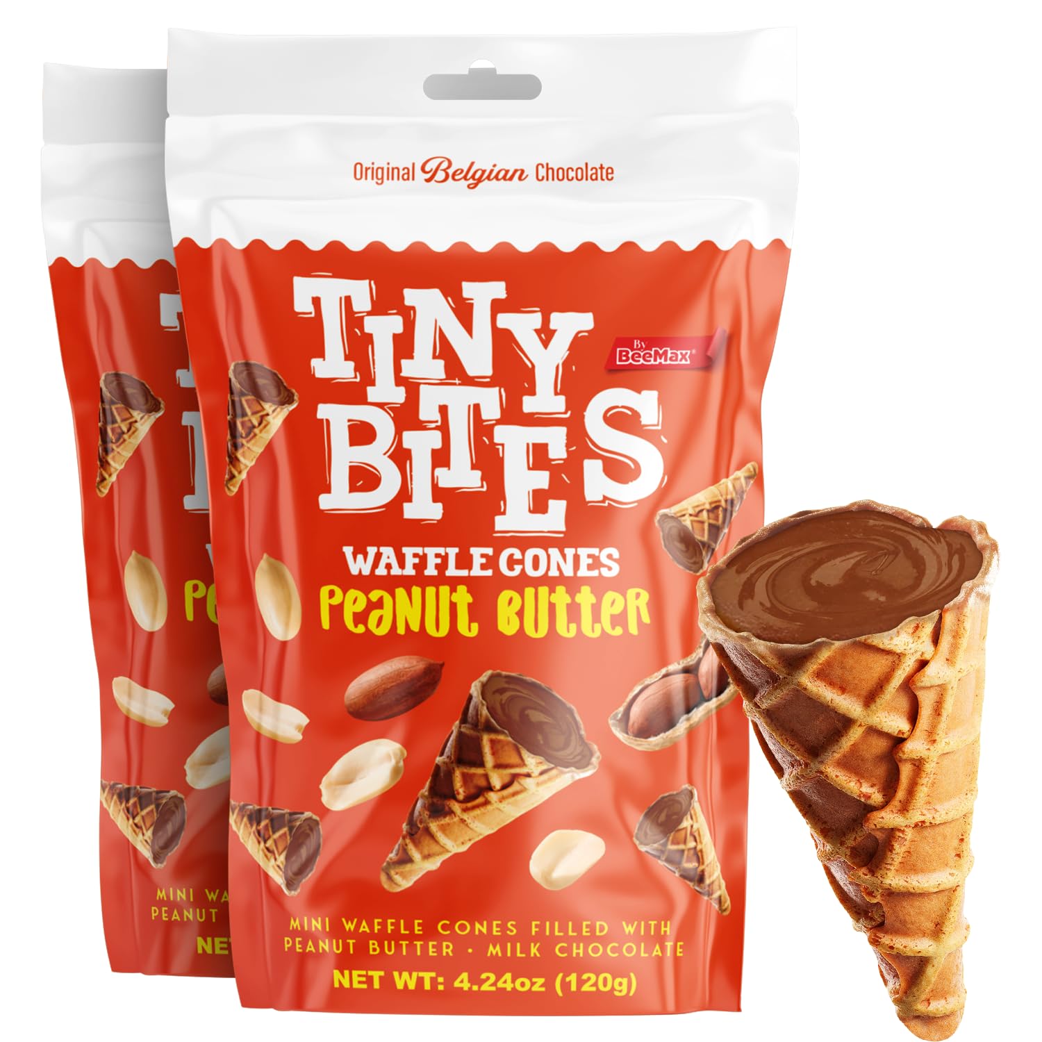 BeeMax Tiny Bites Peanut Butter Mini Waffle Cones - 4.24 oz Bag (Pack of 2) - Crispy Waffle Cones Filled w/Belgian Peanut Butter Chocolate - Bite-Sized Snacks for Parties, Lunchboxes & Dessert Boards