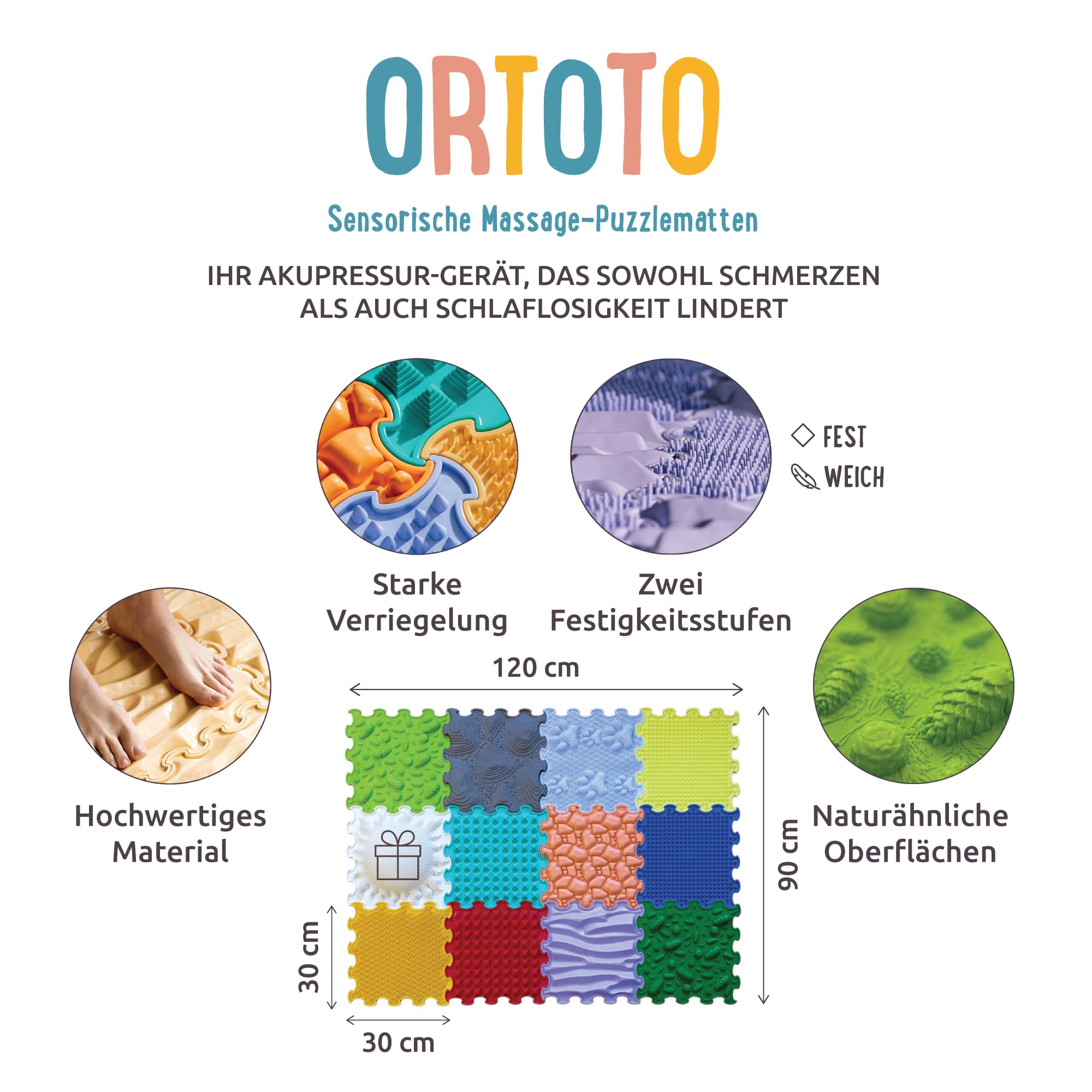 ORTOTO 12 Massage-Puzzle-Bodenmatten, orthopädische Spielmatte für Kinder, sensorisches Spiel, ineinandergreifende Bodenfliesen, Puzzlematten-Set (All-IN-ONE)