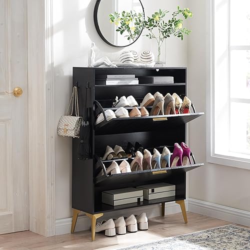 Miniatura 9 de Armario estrecho de almacenamiento de zapatos con 2 cajones abatibles, organizador de zapatos de madera con estante abierto, estante de