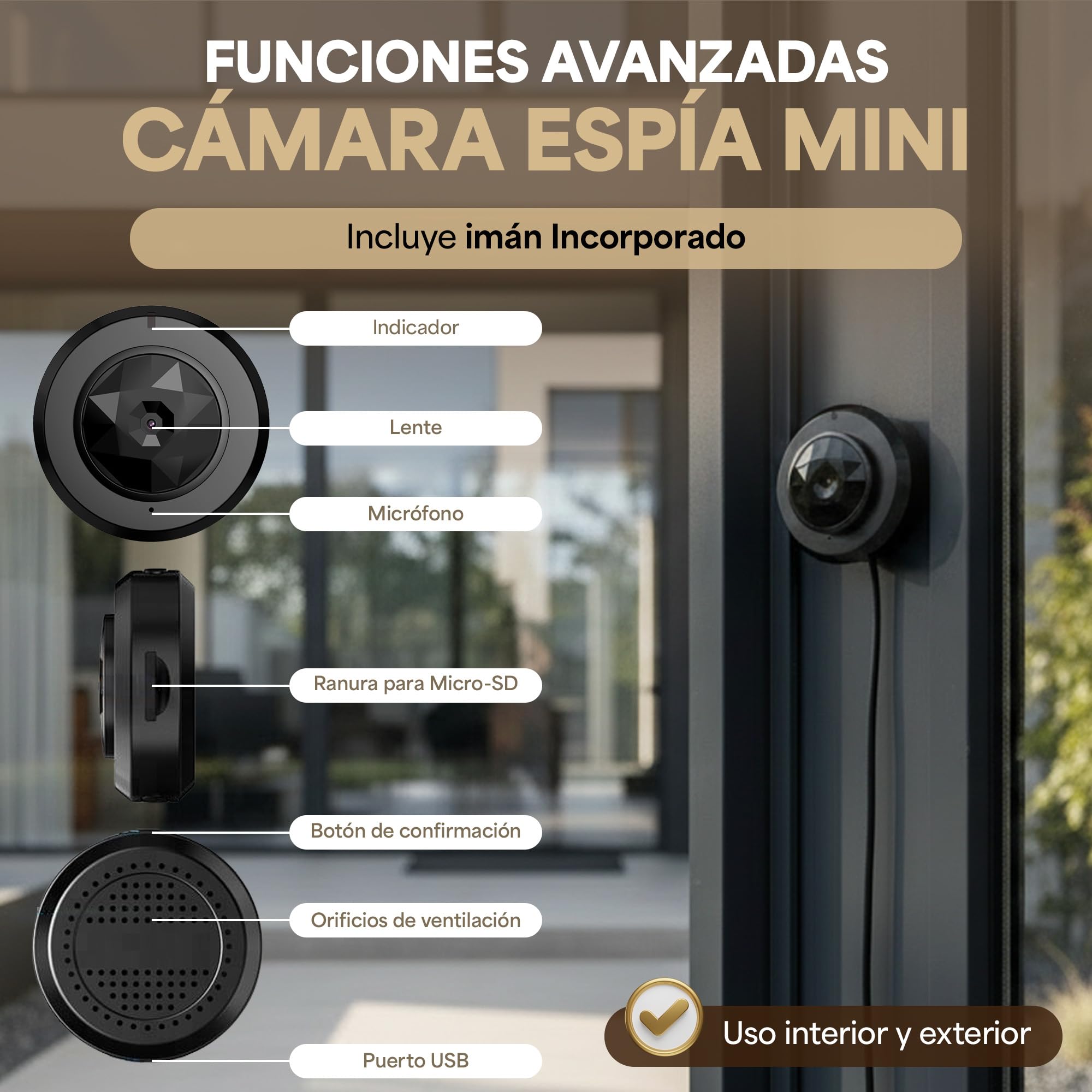 Cámara Espía Mini + Micro SD 32GB WiFi Full HD 1080P con Visión Nocturna Infrarroja – Grabación en Bucle, Detección de Movimiento, Batería Recargable, Imán Incorporado