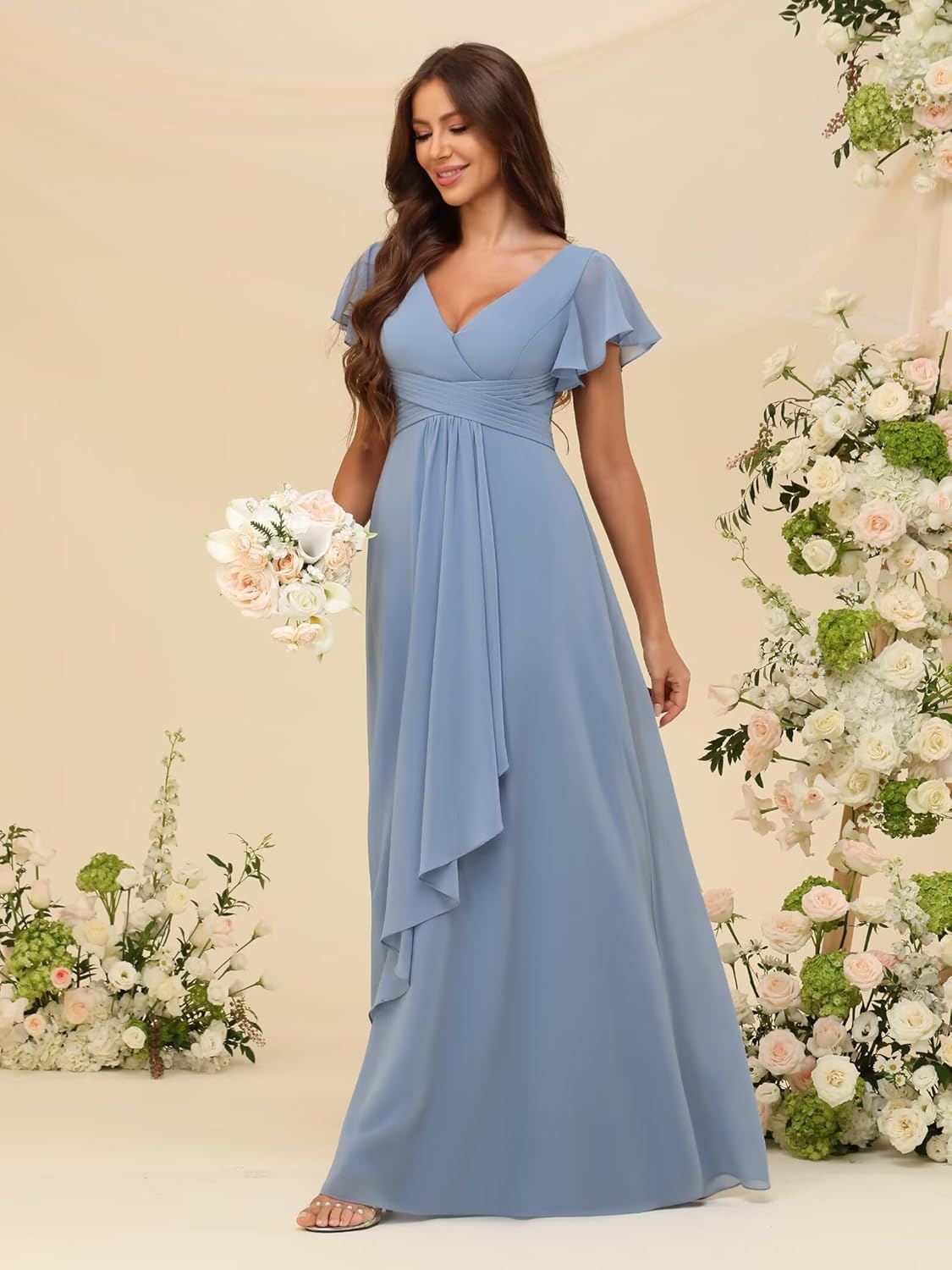 Short Sleeves Bridesmaid Dresses with Pleated Chiffon V Neck Ruffles A Line Formal Evening Dresses for Women