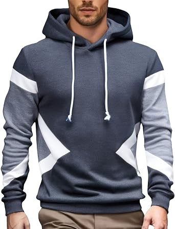Sweatshirts for Men Color Block Hoodies Fleece Long Sleeve Hooded Pullover Casual Patchwork Tops with Pocket