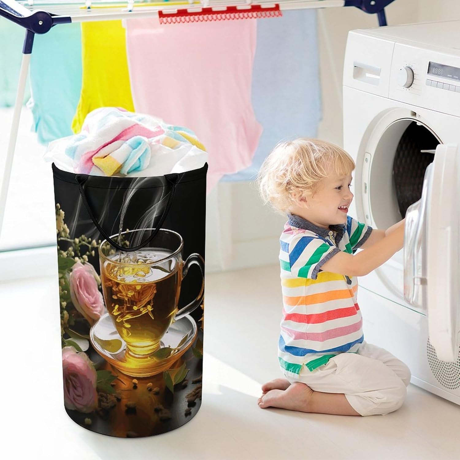 Cup of Tea Laundry Hamper with Handles Waterproof Collapsible Laundry Basket Large Lightweight Round Dirty Clothes Hamper for Home Dorm Bathroom Decor