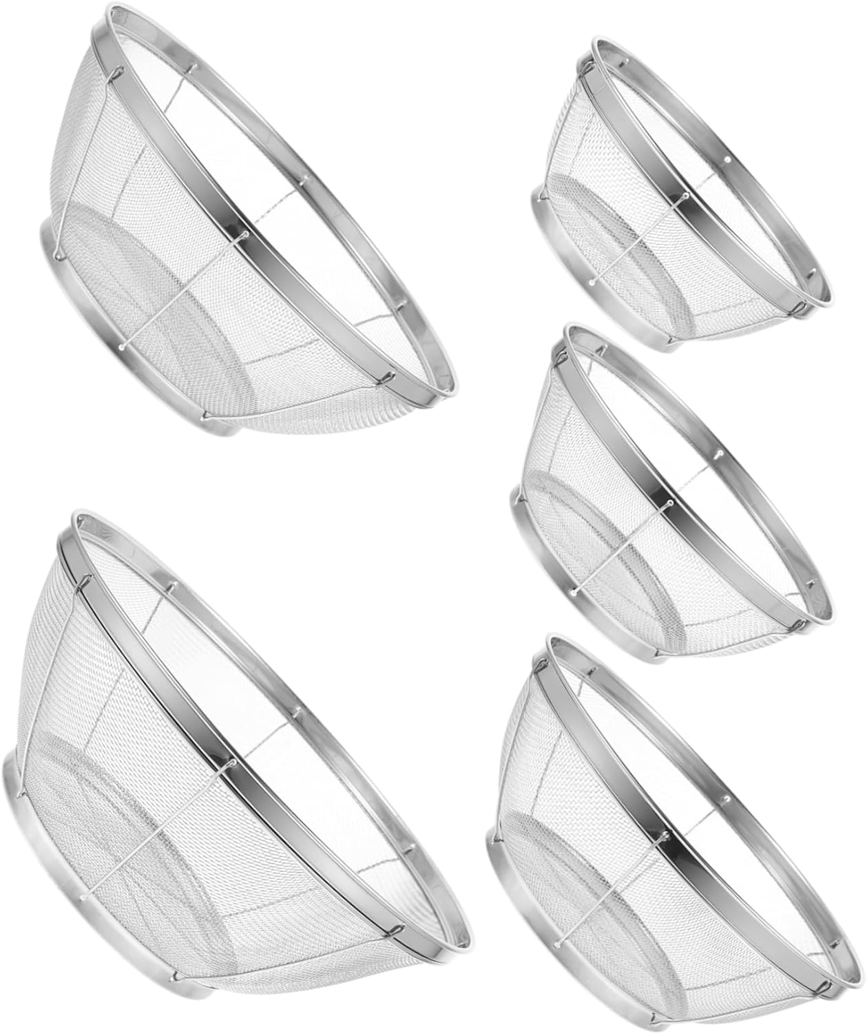 5pcs Stainless Steel Fine Mesh Strainers Fruit Basins for Washing Draining Vegetables Rice and Pasta Kitchen Essential with Bottom Mesh Design for