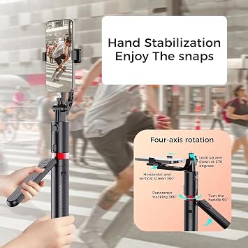 Coverzone Profesyonel Tripod ve Selfie Çubuğu, 360° Yapay Zeka Yüz Takibi, AI Hareketle Komut, 1/4 Vidalı, Canlı Yayın, Vlog, Fotoğraf, Uzaktan Kumandalı,180cm, JH18-2