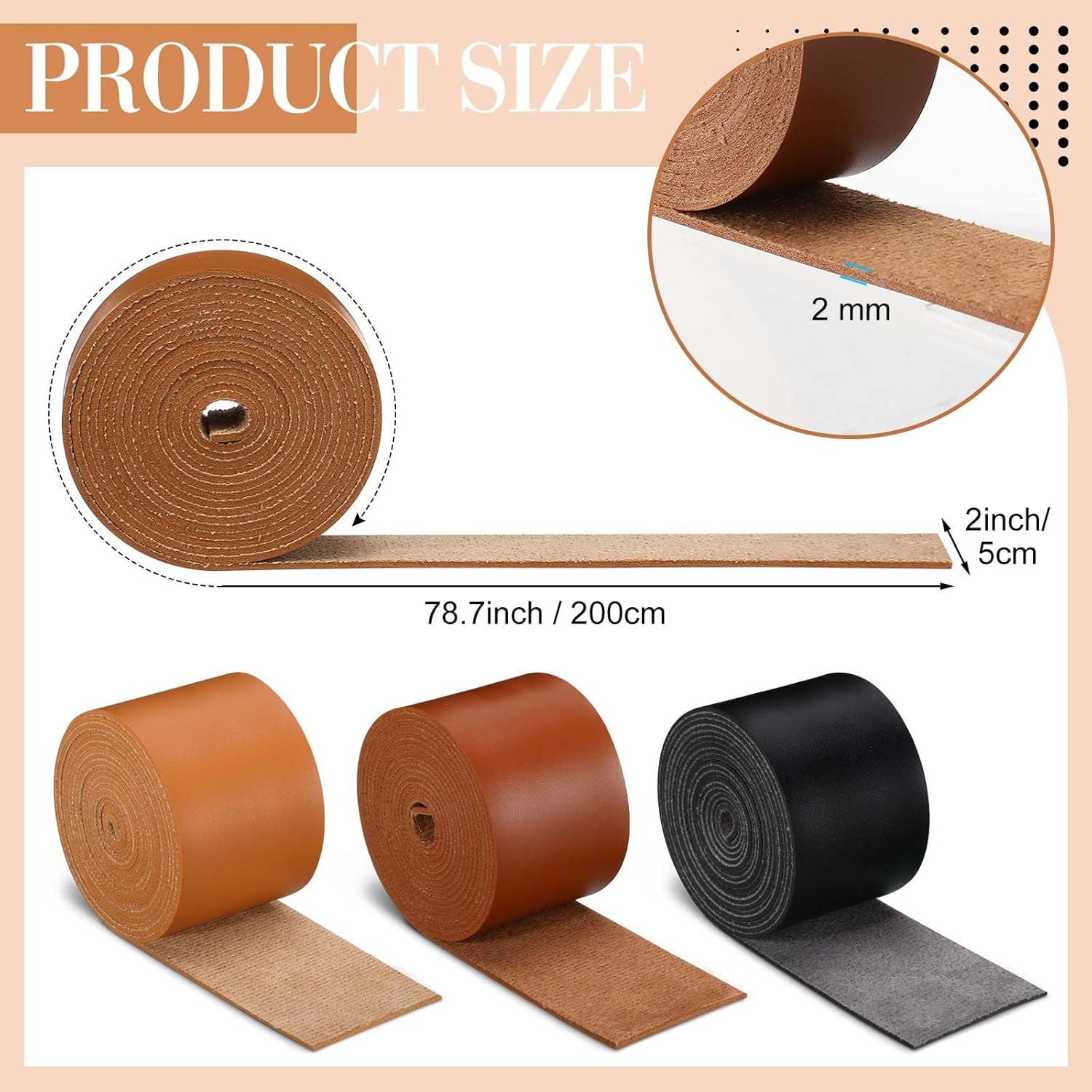 SilTriangle 3 Rolls Leather Straps for Crafts Single Sided Faux Leather Strips 2 mm Thickness 78.7 Inches Long for DIY Art Craft Projects Belt Tooling(2 Inch,3 Color) - Image 2