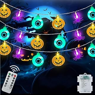 Halloween String Lights, 20FT 30 LEDs Eyeball Pumpkin Spider 3 in 1 Fairy Lights String with Timer - 8 Lighting Modes Battery Operated Indoor Outdoor Halloween Front Porch Window Party Decoration