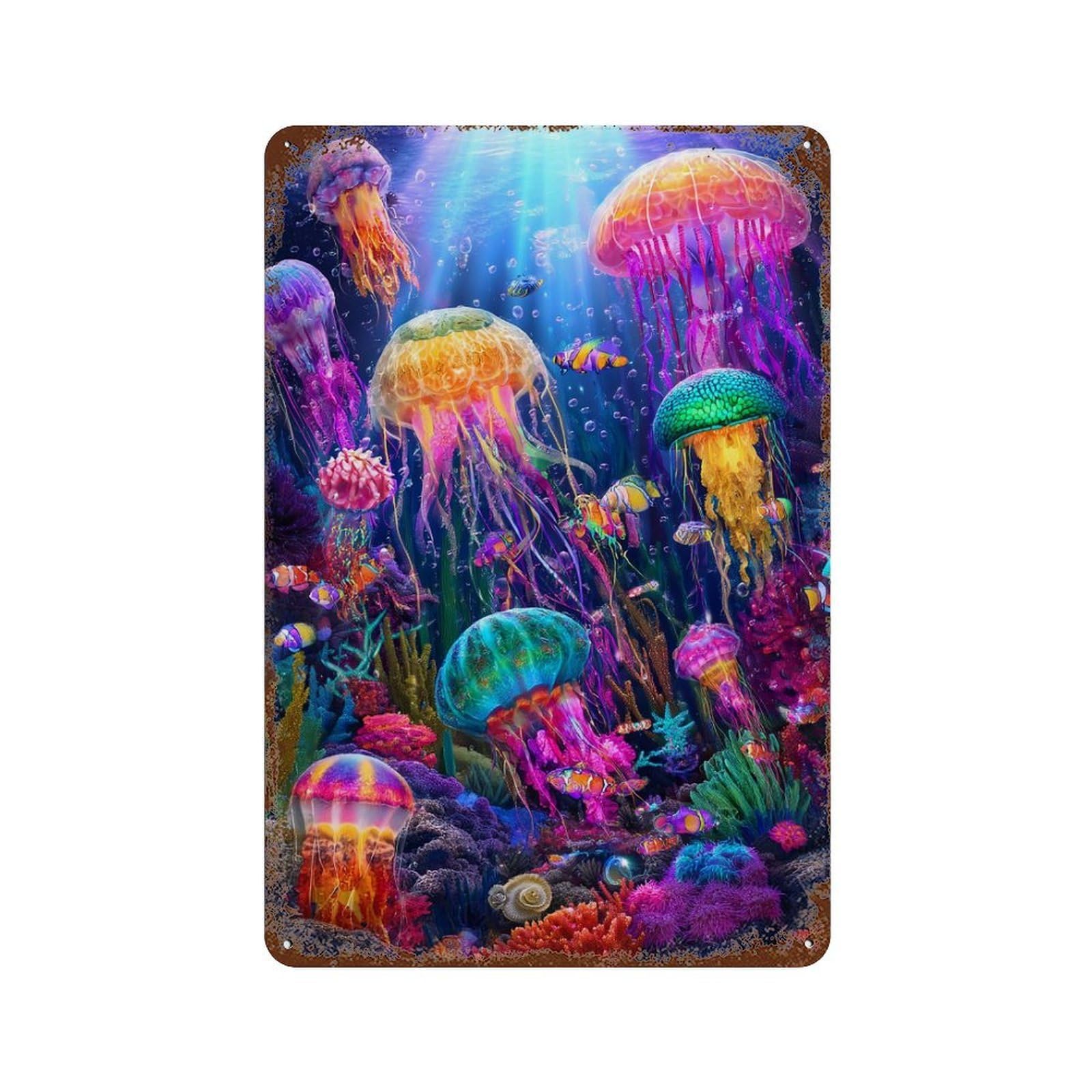 Colorful Jellyfish Underwater Scene Vintage Wall Sign 11.8"x7.9", Rust Effect Metal Decor for Garage, Bar And Workshop Decor