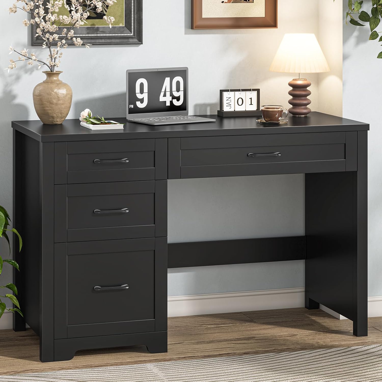 Vabches Farmhouse 47" Executive Desk with File Drawer, Wood Computer Desk with 3 Storage Drawers, Workstation for Home Office, Study, Writing.Black.