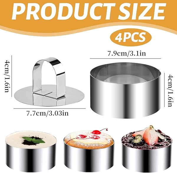Sikweny 4 Piezas Aros Emplatar Acero Inoxidable, Moldes Cocina con Putter Moldes Tartar Circular, Anillos de Postre Reutilizable para Mousse Tartas Pasteles Glaseados (8 CM) - 2