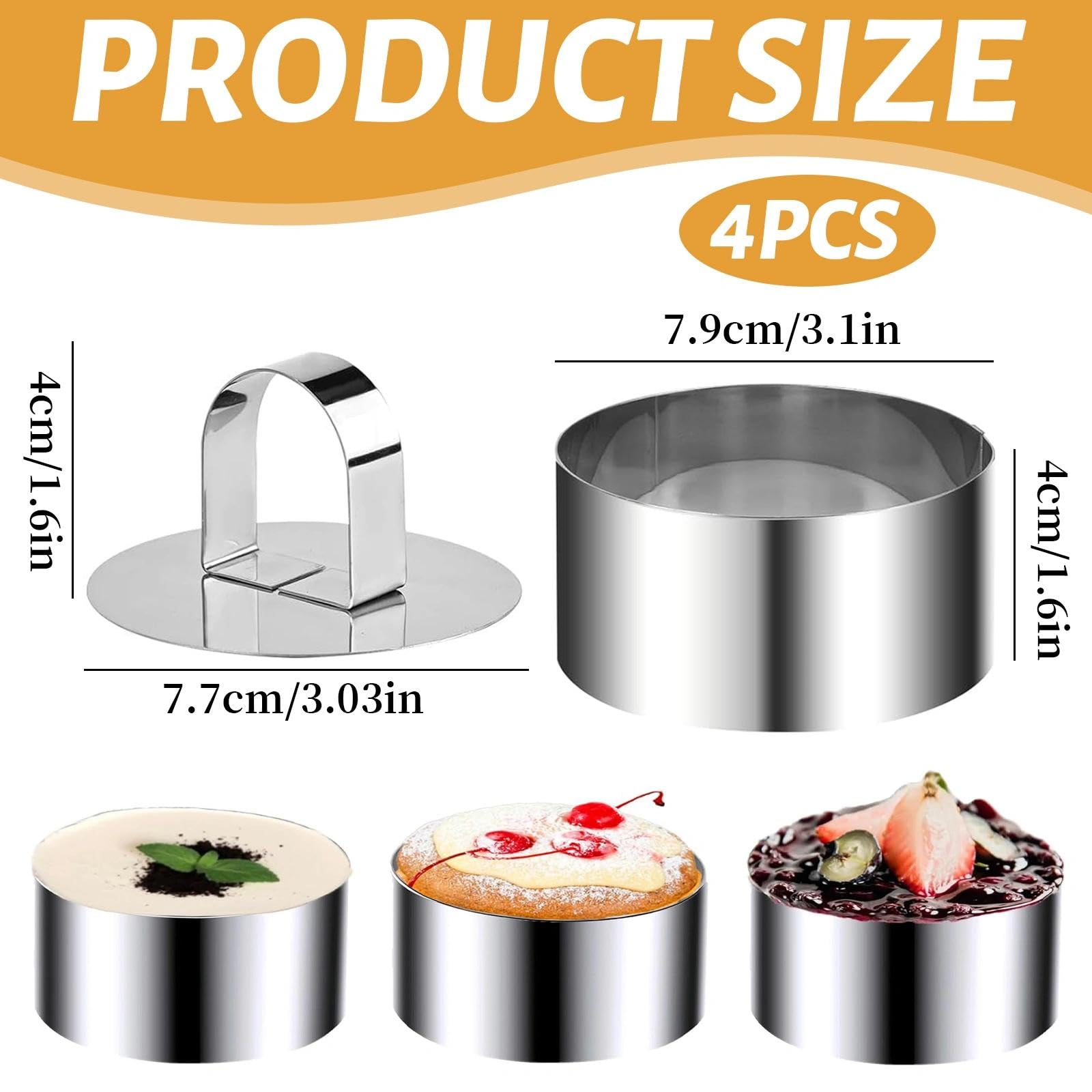 Sikweny 4 Piezas Aros Emplatar Acero Inoxidable, Moldes Cocina con Putter Moldes Tartar Circular, Anillos de Postre Reutilizable para Mousse Tartas Pasteles Glaseados (8 CM) - 3