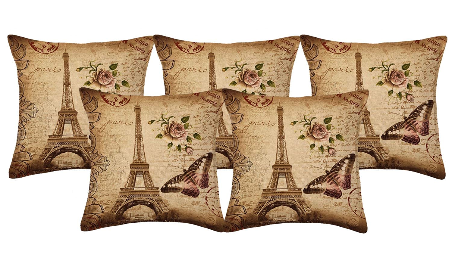 Kuber Industries Peacock Wings Design 5 Pieces Cotton Cushion Cover - 16"x16"(Brown)