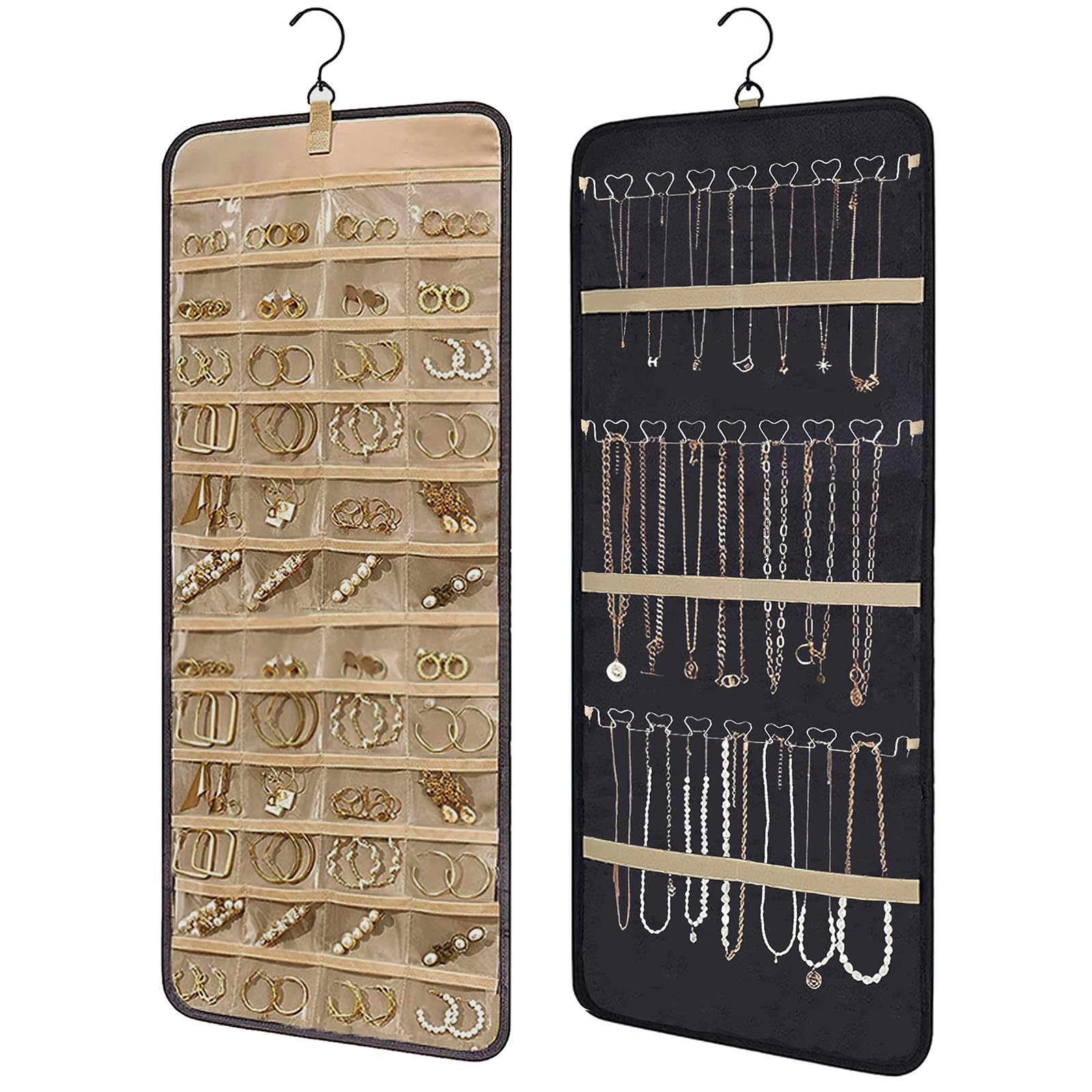 Organizador de Joyas Colgante de Doble Cara con Ganchos de Metal,Almacenamiento a Prueba de Polvo para Pendientes,Collares y Anillos–Joyero Colgante para Armario,Pared o Puerta (Negro,1 Pieza)