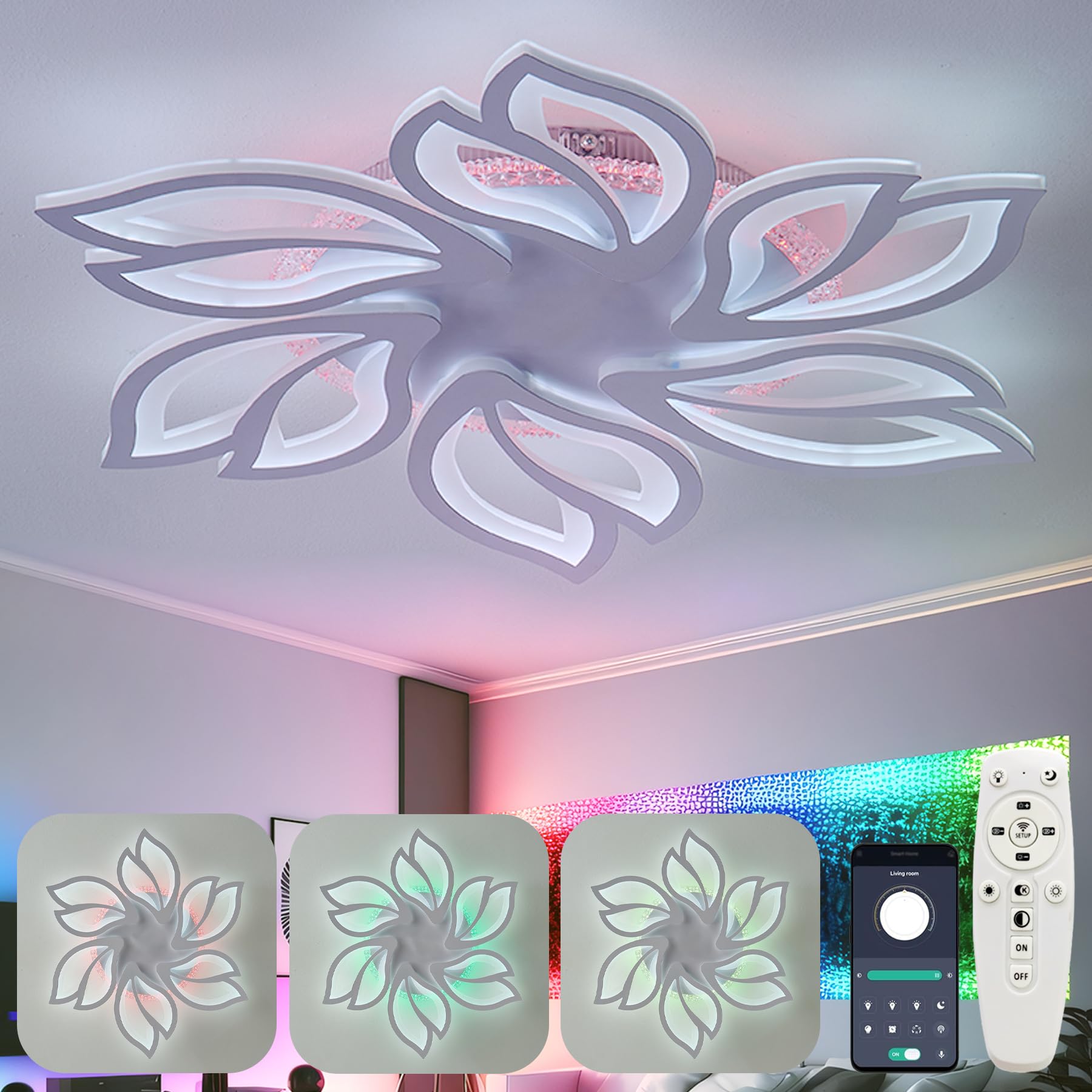 Rgb Ceiling Light With Built-In Speaker Sound Bedroom Ceiling Lamp Living Room LED Dimmable Ceiling Lighting With Remote Control Memory Function Modern Flower Ceiling Lights With APP Smart White Lamps