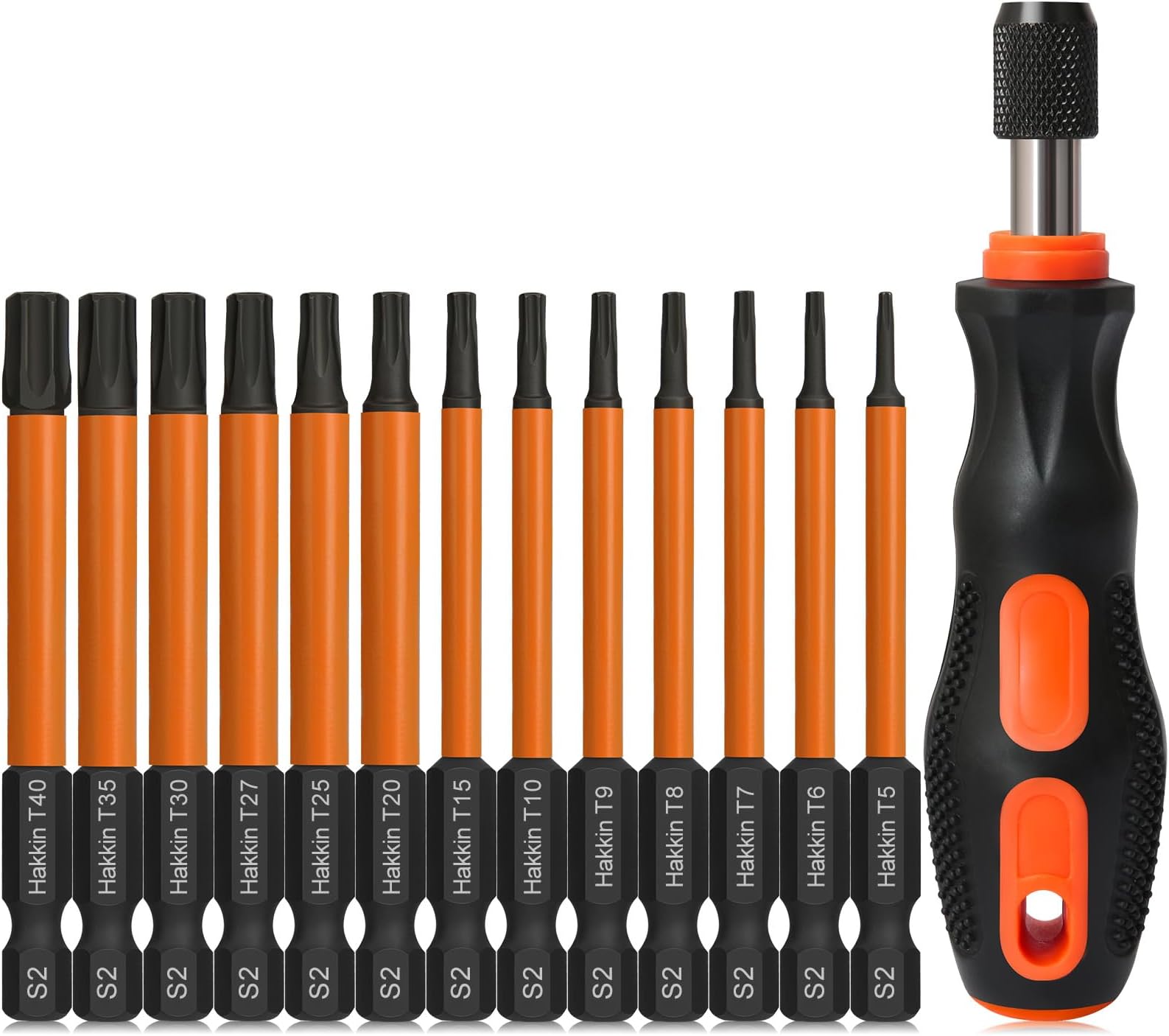 Torx Bit Set with Driver Hakkin 14Pcs Tamper Proof Security Bits S2 Steel Torx Screwdriver Sets 1/4” Hex Shank Magnetic 75mm Torx Screwdriver Bits for Power Tools Hand Tools T5-T40