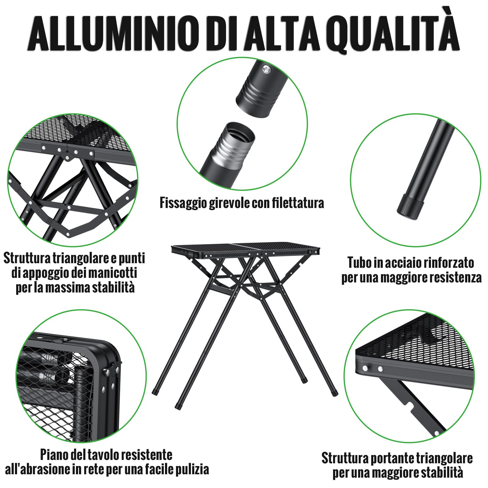 GARLLEN Tavolo Pieghevole per Barbecue,60x40 cm,3 Altezze Regolabili (25/48/71 cm),Supporto a Forma di X,Tavolo da Giardino in Alluminio,Nero,per Pesca Picnic Spiaggia