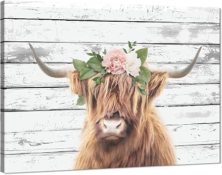 Novatique Highland Cow Wall Art Cow with White Flower Picture Farmhouse Cow Decor Country Pictures Print Longhorn Cattle Posters Artwork for Living Room Bedroom Bathroom, 12 x 16inch