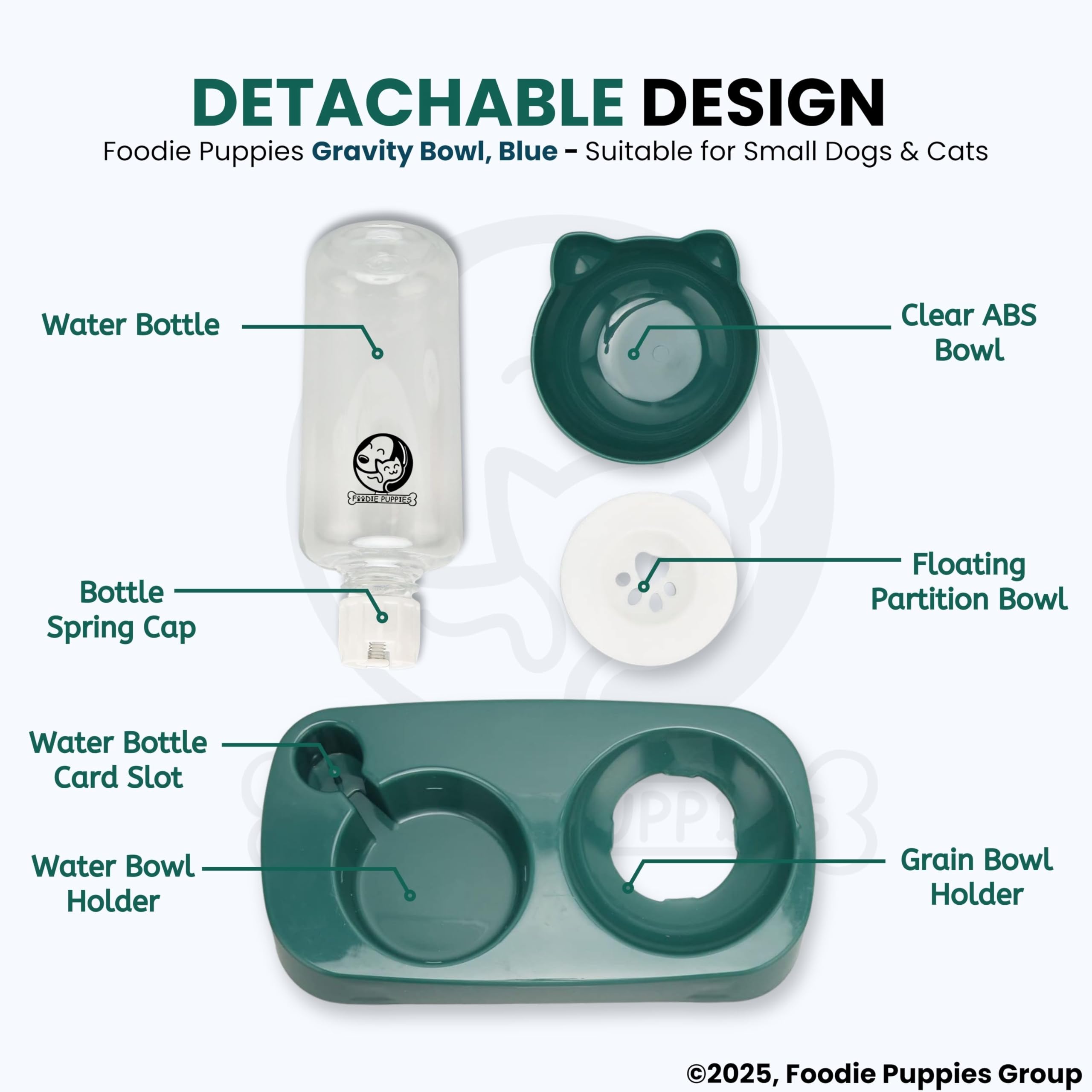Foodie Puppies 2 in 1 Pet Gravity Feeder Food Bowl and Water Bottle Set- (Green), with Automatic Water Dispenser Bottle, Detachable Tilted Raised Food Bowl for Puppy, Small Dogs Cats and Kittens 1
