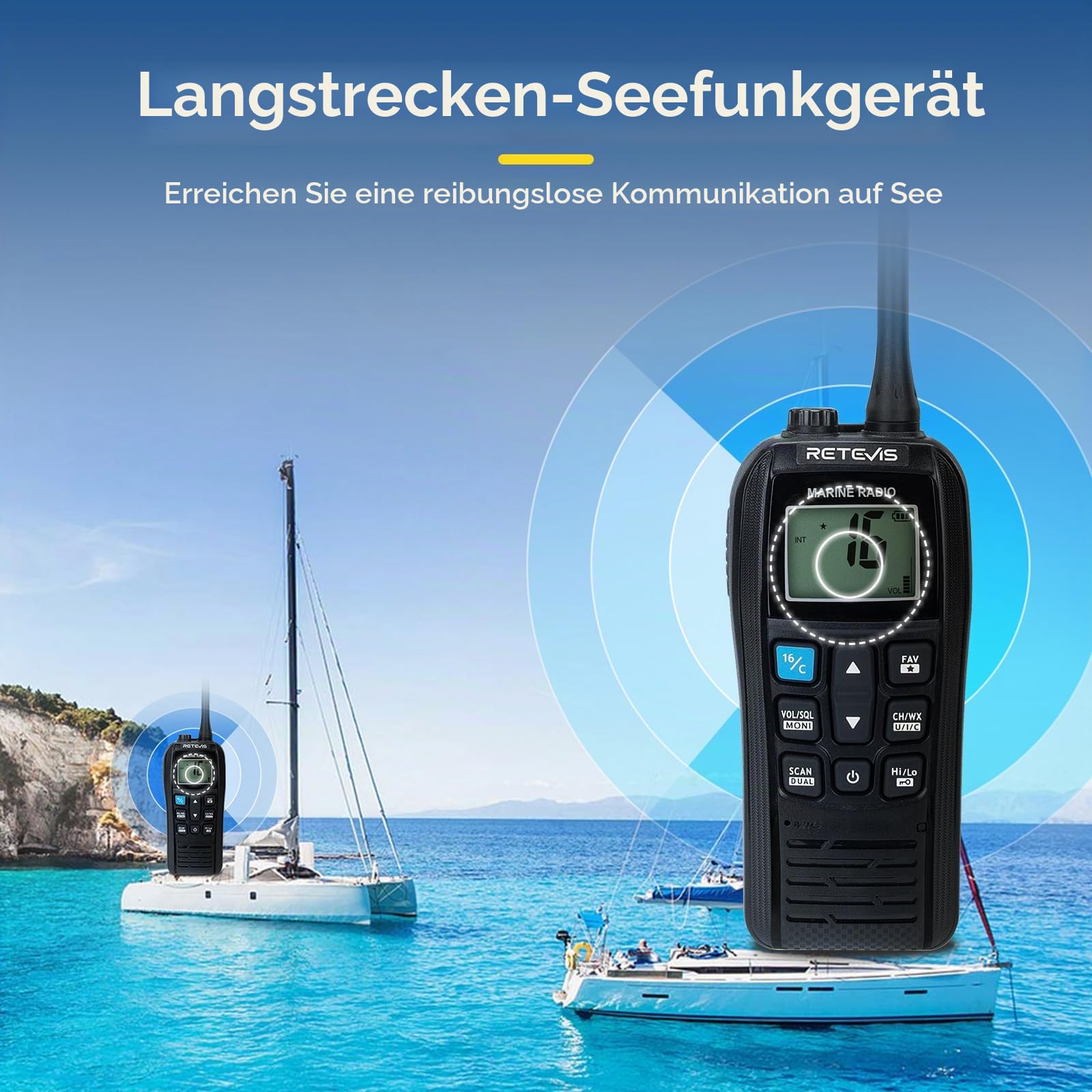 Retevis RM22 Marine Radio, Seefunkgerät mit Großer Reichweite für Angeln | IP67 Wasserdichtes Handfunkgerät, 2200 mAh, 900 mW Audio, Schwimmend Alarmierend für Kajakfahren(1 Stück)