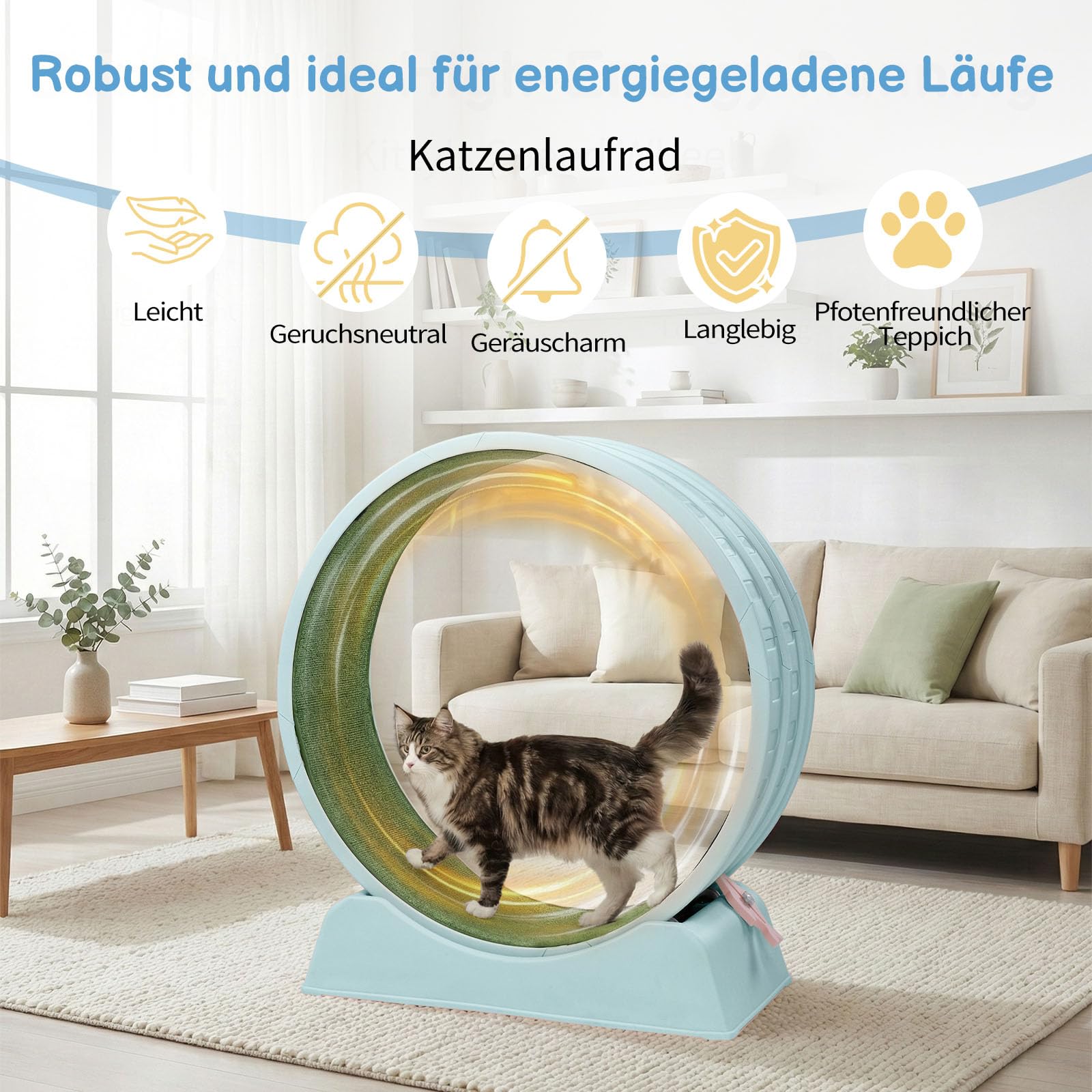 LEADZM Katzenlaufrad 80cm Durchmesser - Laufrad Katze aus Kunststoff, Inklusive Teppich und Katzenspielzeug, stabil und leise - Geeignet für Katzen mit einem Gewicht von höchstens 15 kg (Blau)