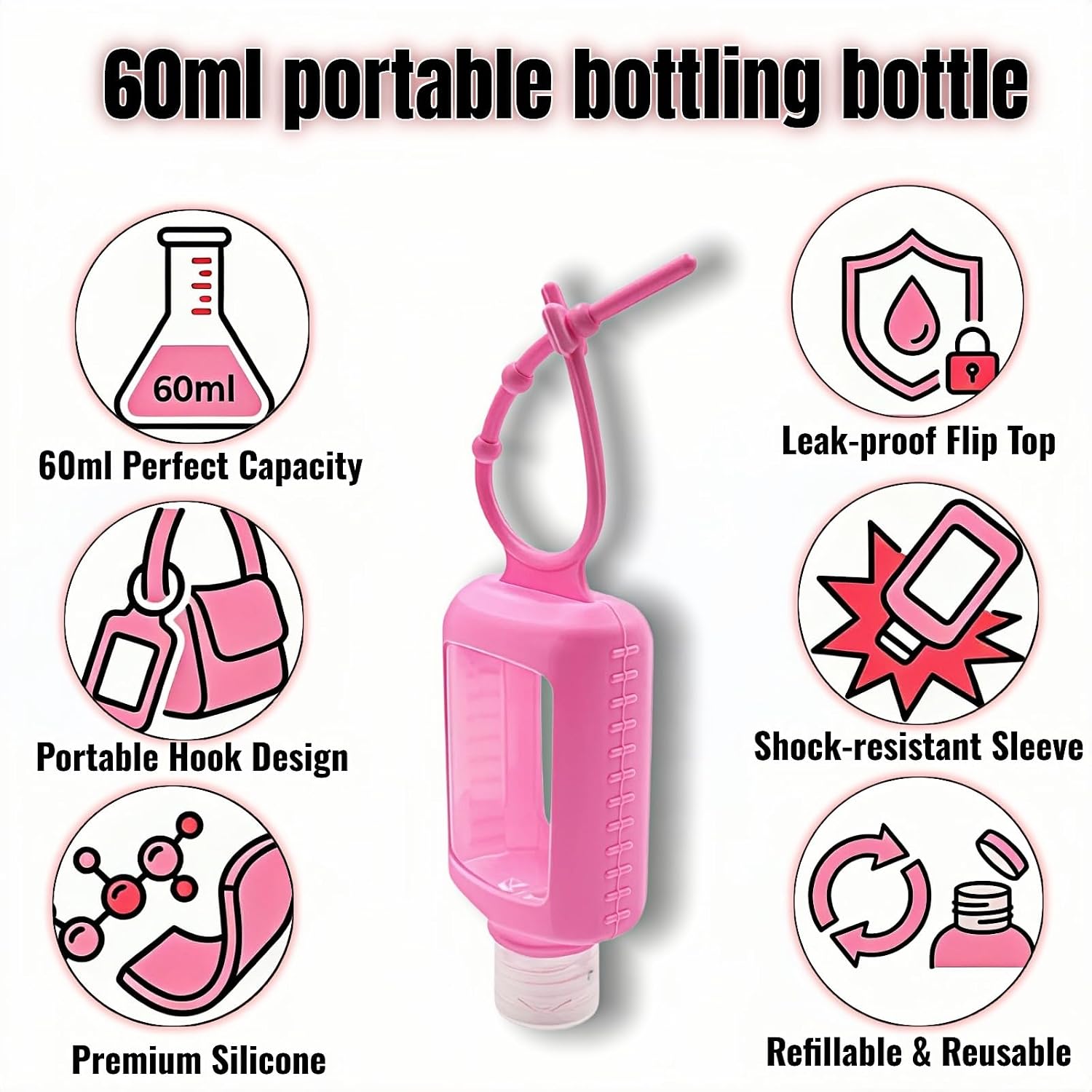 4-Pack Travel Refillable Leak Proof Squeeze Bottles with Silicone Sleeve & Keychain - 2oz/60ml Clear PETG Plastic Toiletry Containers for Hand Sanitizer, Lotion, Shampoo, Outdoor Essentials