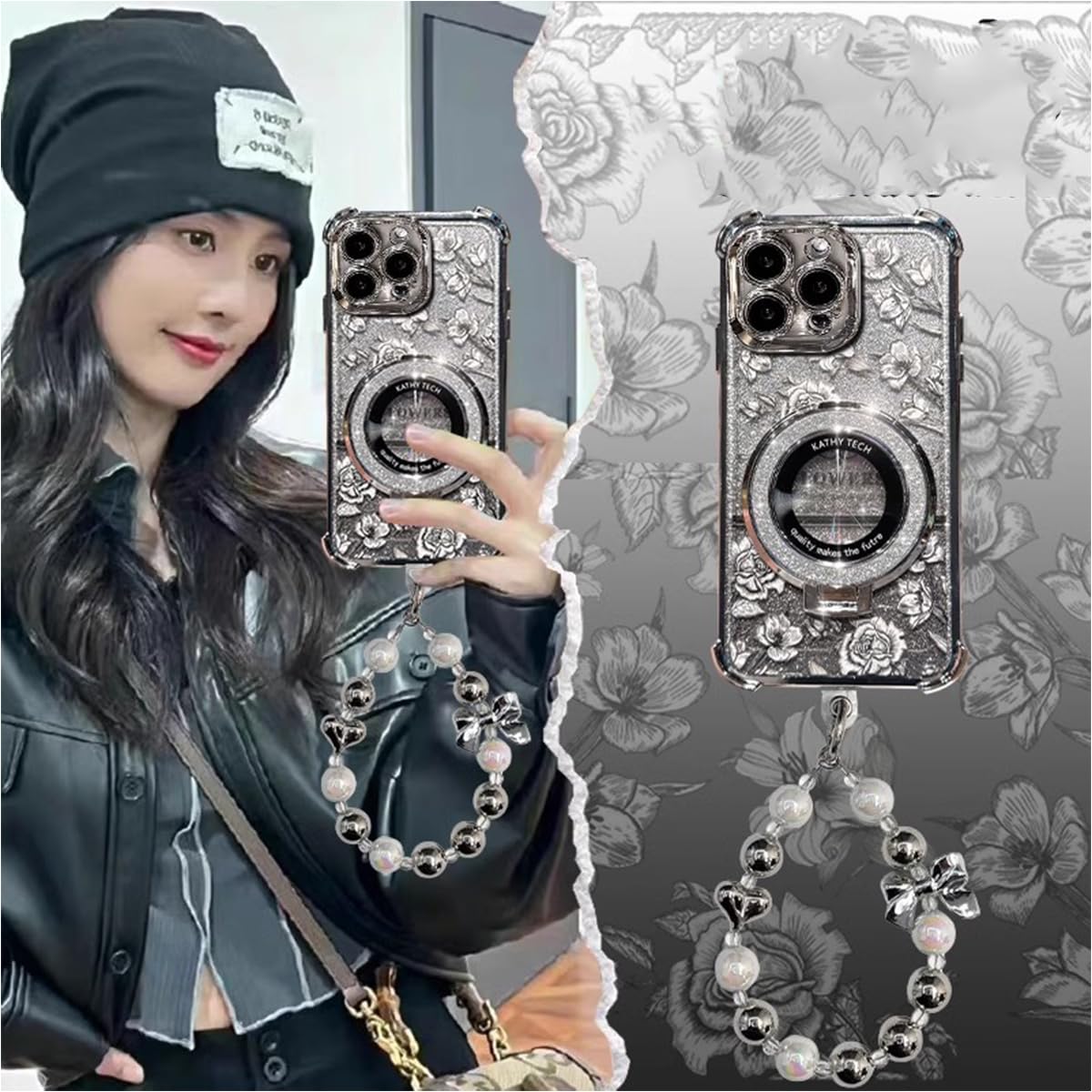 Amazon.com: Cute flower phone cases for iPhone 16 Pro Max, rose flower  pattern phone case with pearl wrist chain Bracket, removable glitter paper  soft TPU shockproof protective cover 16promax cases for men