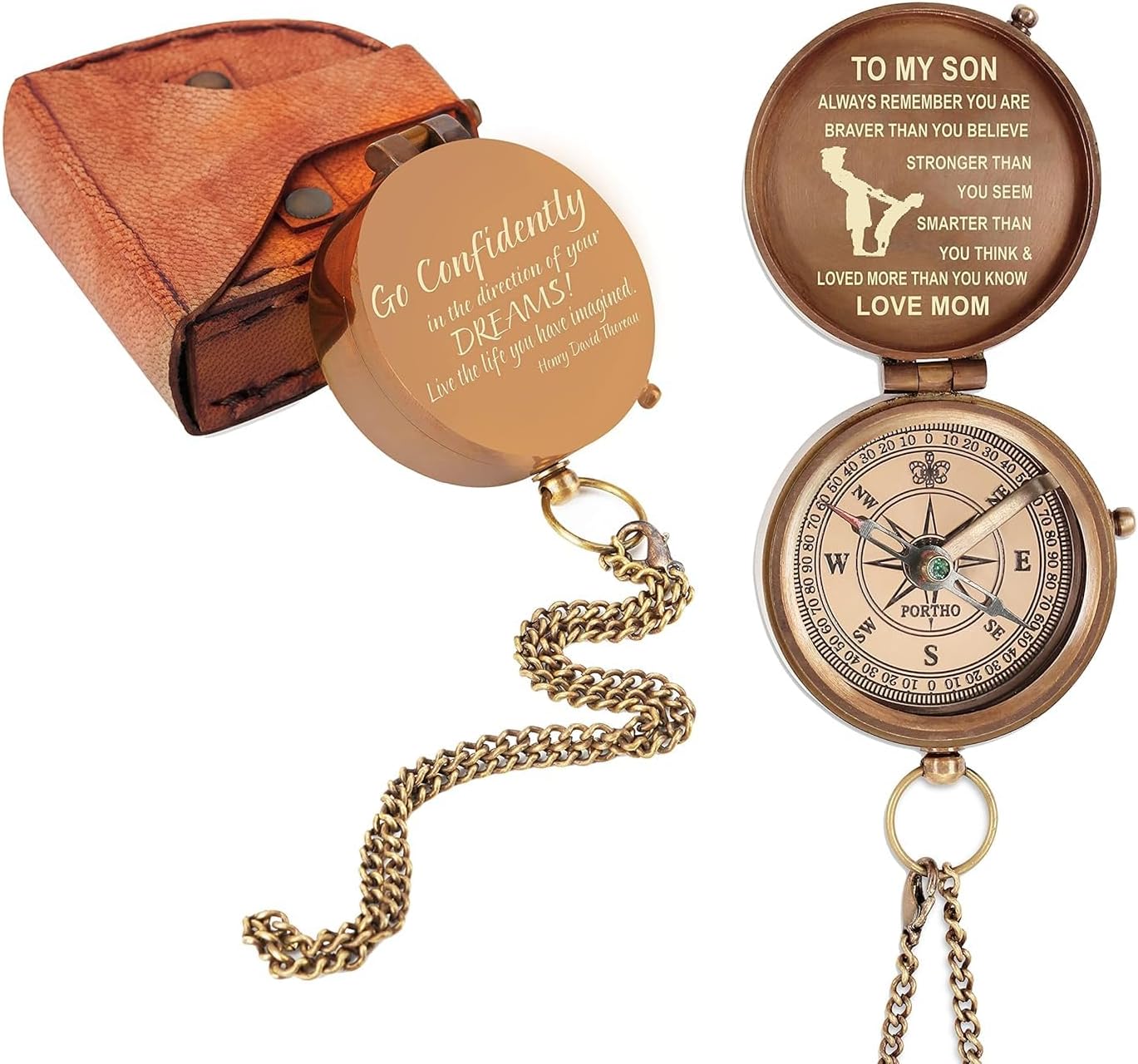 Engraved Brass Compass Gift for Son from Mom – Personalized “Go Confidently” Inspirational Pocket Compass with Leather Case – Graduation, Birthday, Baptism, Communion, Confirmation Gift