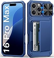 Vista 1 de Funda para iPhone 16 Pro Max con tarjetero (4-5 tarjetas), funda deslizante para cámara y protección de grado militar, a prueba de golpes, Azul