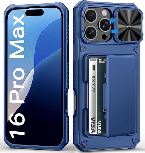 Funda para iPhone 16 Pro Max con tarjetero (4-5 tarjetas), funda deslizante para cámara y protección de grado militar, a prueba de golpes, Azul