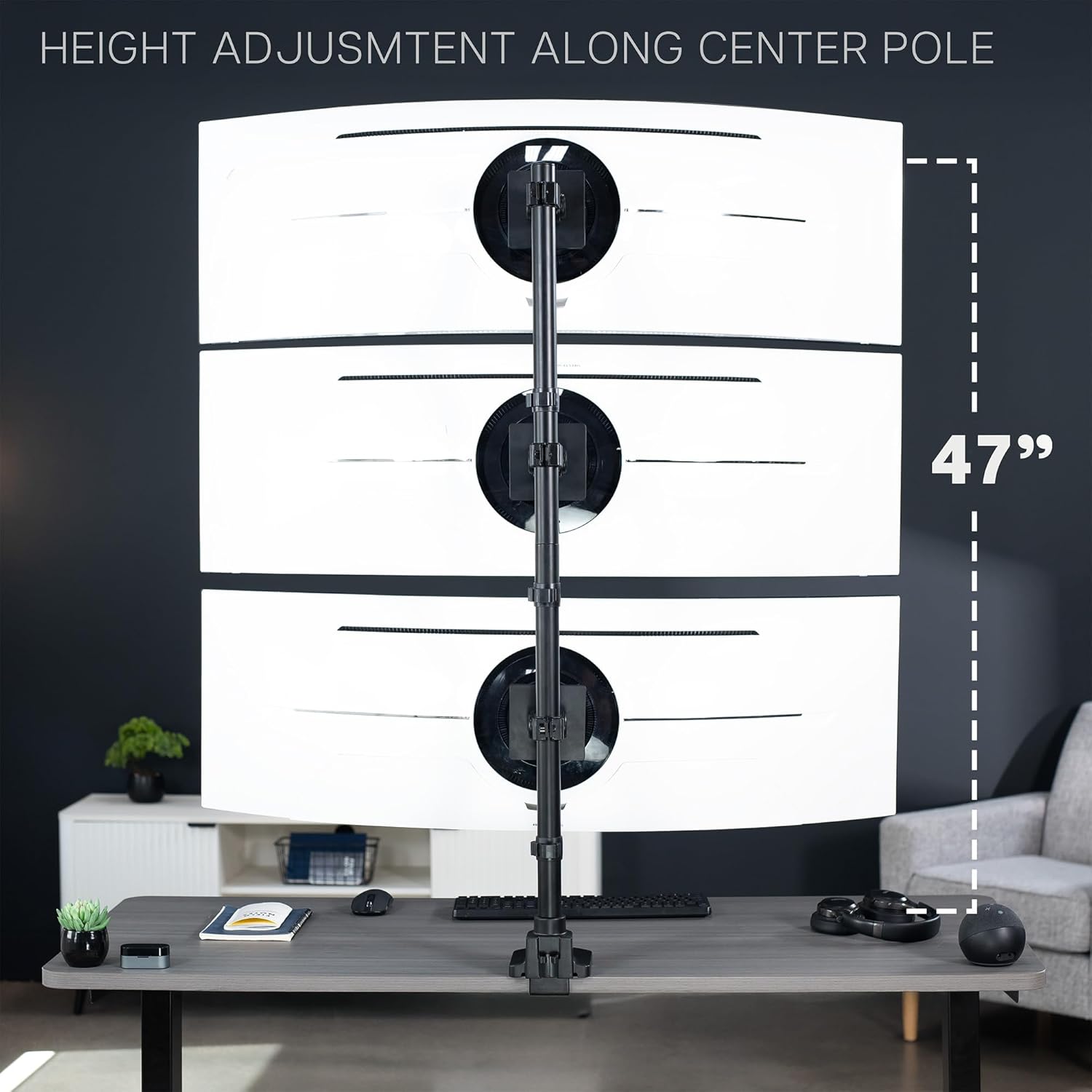 VIVO Vertically Stacked Triple Ultrawide Mount for up to 49 inch Screens, Heavy Duty Adjustable 3 Ultra-Wide Stand, 44 lbs Capacity Per Screen, Black, STAND-V300U