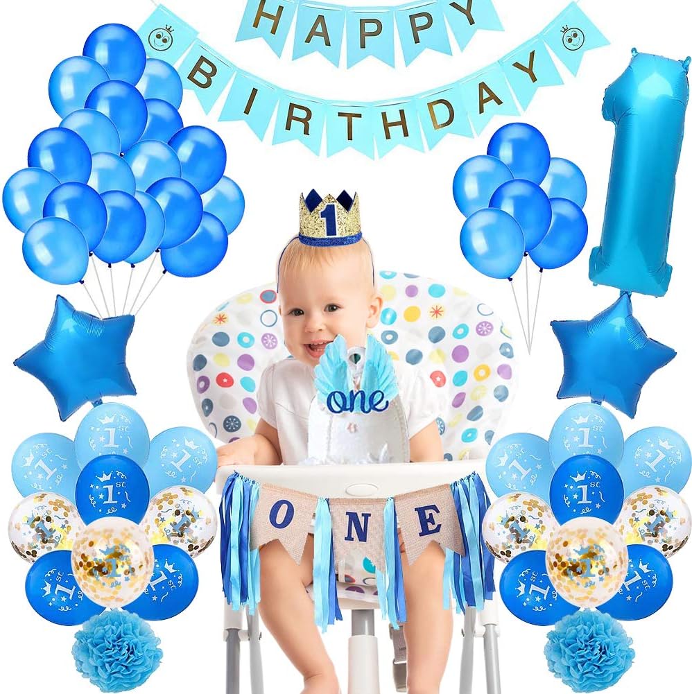 1st Birthday Baby Boy Girl Decorations With Birthday Crown,Baby First Birthday Party Decorations,Happy Birthday Banner,ONE Cake Topper, Angle Wings Cake Flag, Confetti Marble Foil and Latex Balloons,Star Bunting,High Chair Burlap Decoration