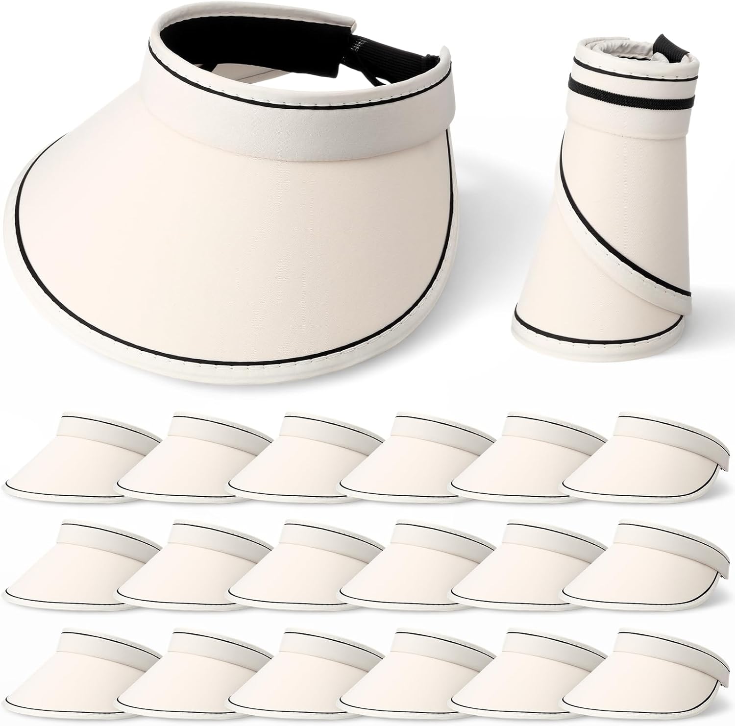 20 Pcs Sun Visor Hats for Women Bulk Wide Brim Foldable UV Protection Sun Hats Lightweight Roll up Ponytail Hat Packable for Outdoor Travel Golf Beach Beige
