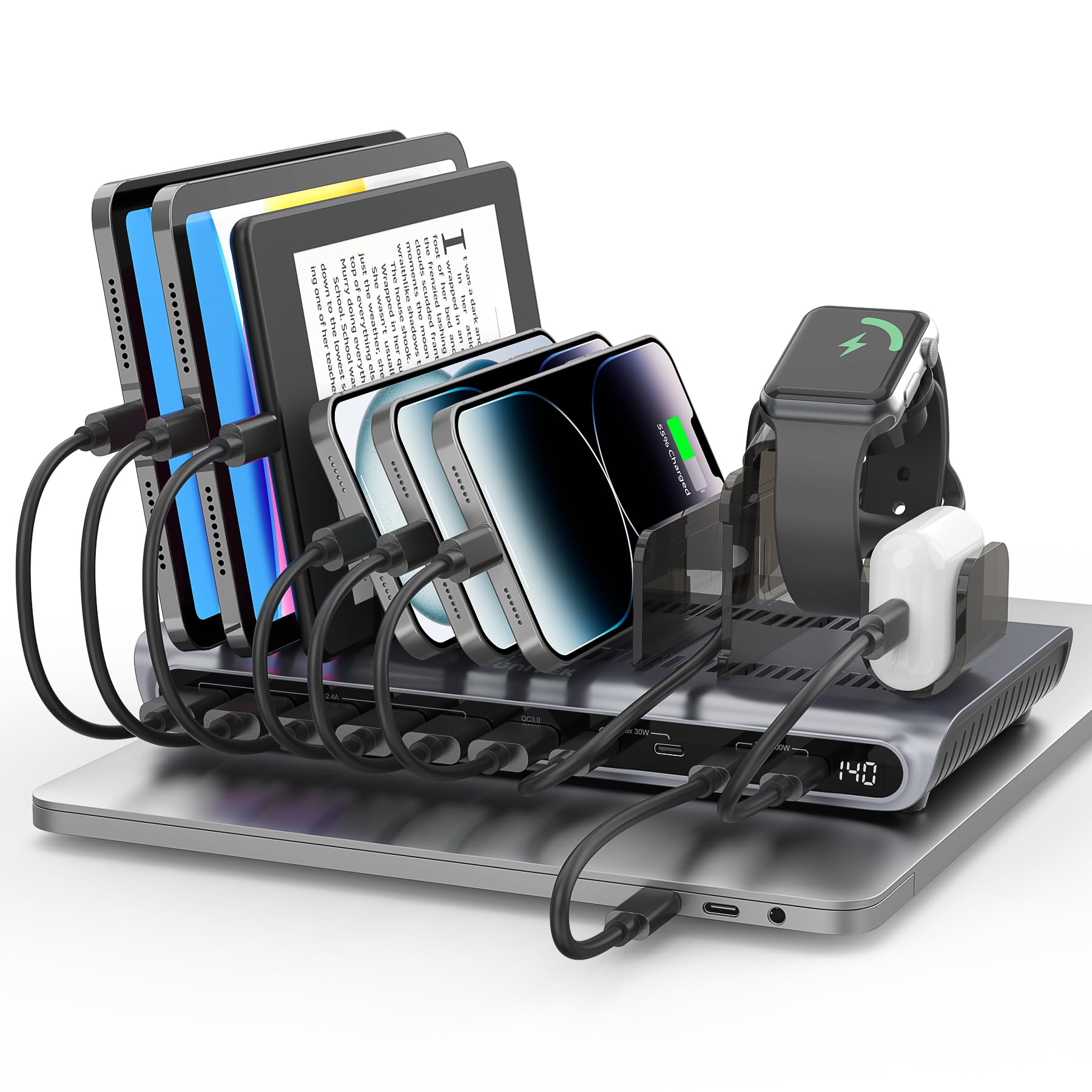 Unitek Charging Station for Multiple Devices - 140W USB C Fast Charging Stand with Digital Display for Laptop iPad iPhone Charging Dock with Smartwatch & Airpods Holder