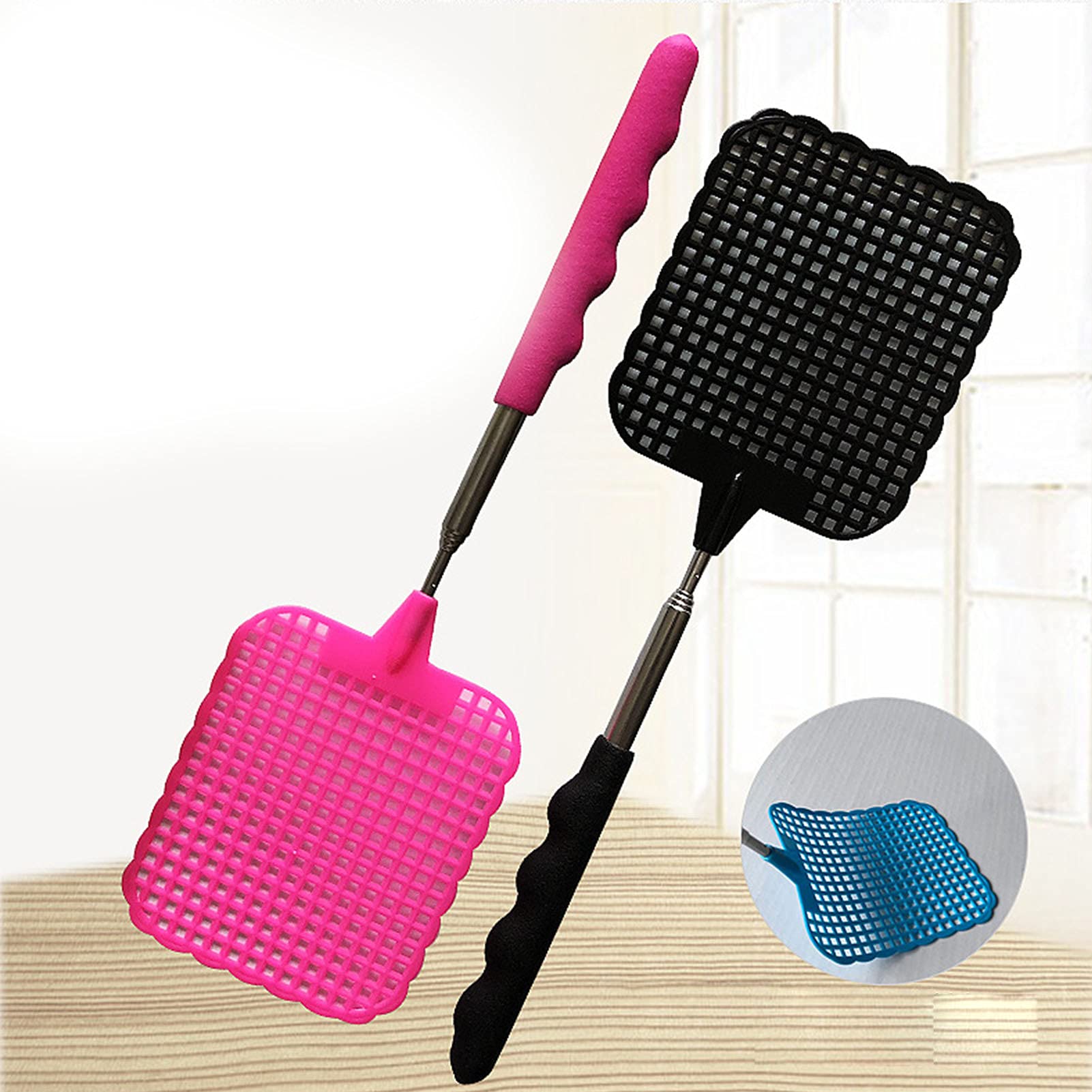 Matamoscas para interiores, paquete múltiple de 9 matamoscas retráctil con mango de PVC, matamoscas telescópico de 10 a 29 pulgadas con mini raqueta matamoscas de polipropileno de 3 x 3.7