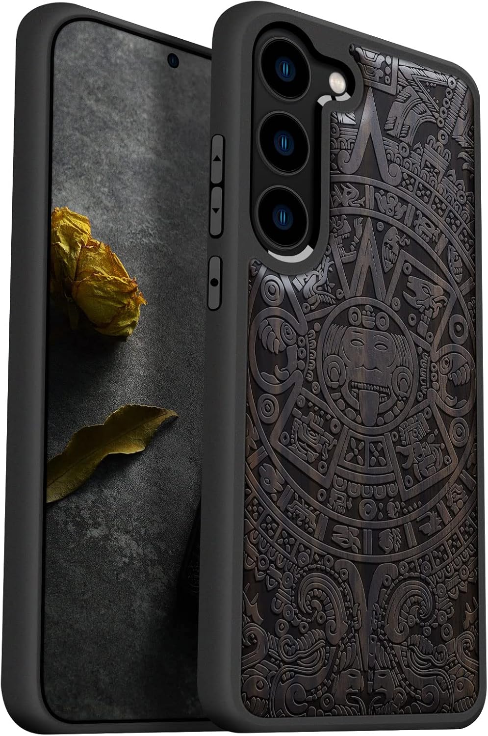 Carveit Wood Case for Galaxy S23 Case - Natural Wood & Black Soft TPU Shockproof Protective Cover - Unique & Classy Wooden Design - Compatible with Samsung S23 (Mayan Symbols-Blackwood)