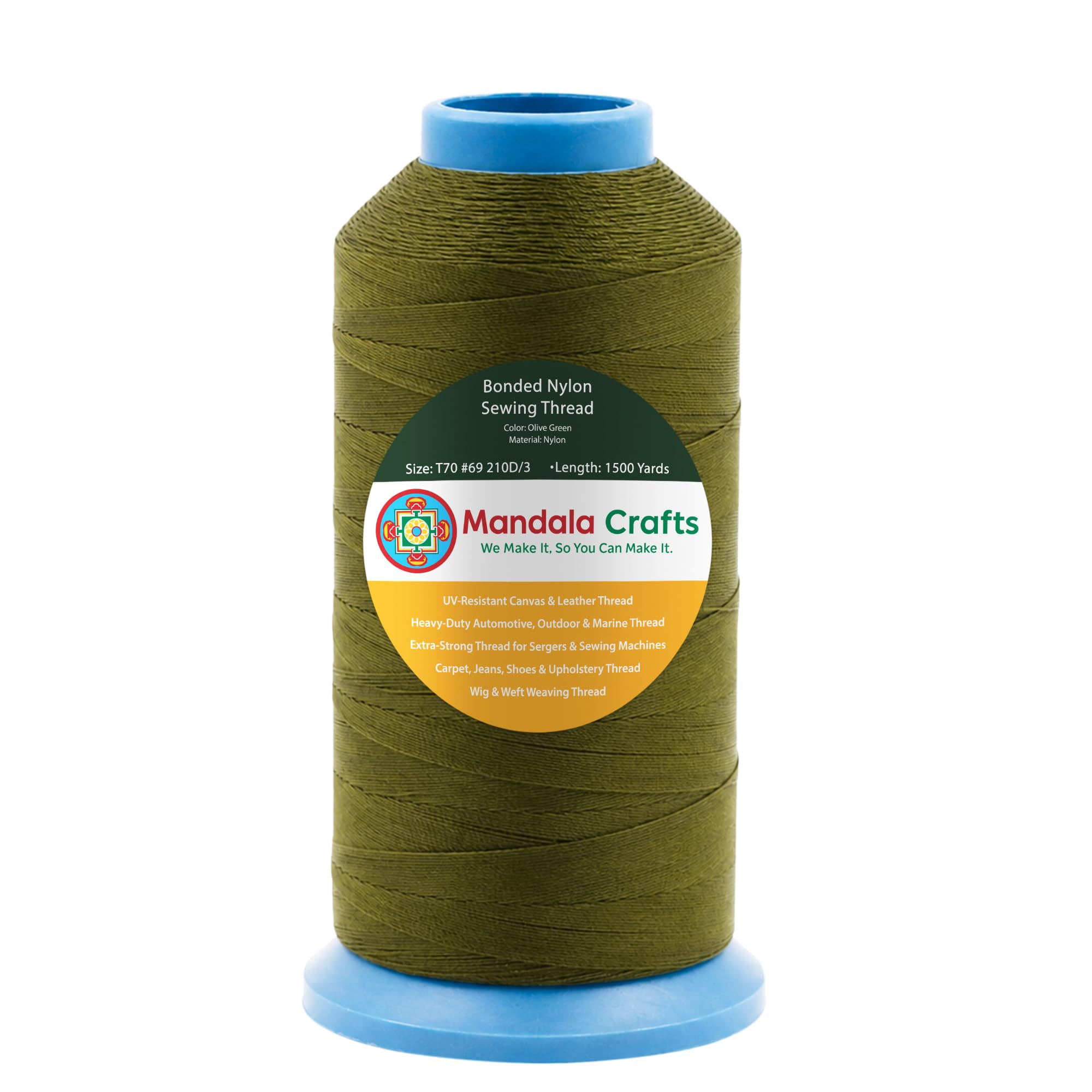 Mandala Crafts Size 69 210D T70 Bonded Nylon Thread - Olive Green 1500 YDs Tex 70 Heavy Duty Sewing Threads for Leather, Jeans, Weaving, Outdoor Marine Upholstery