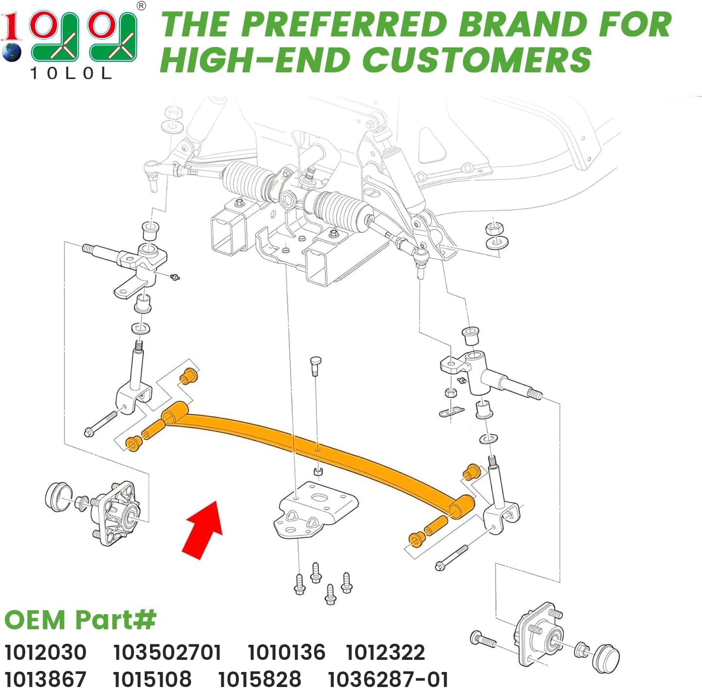 10L0L Golf Cart Heavy Duty Front Leaf Spring with Bushing Kit Fits Club Car DS 1981-UP Precedent 2004-2008, Replaces Club Car OEM Number(s): 1010136 1012030 1012322 1013867