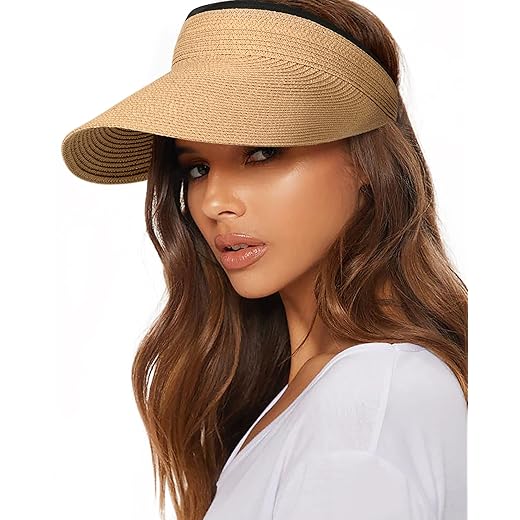 FURTALK Hat Straw Sun Visors for Women Summer Packable Ponytail Beach Hats for Travel UPF 50+ (Wide Brim Khaki, One Size)