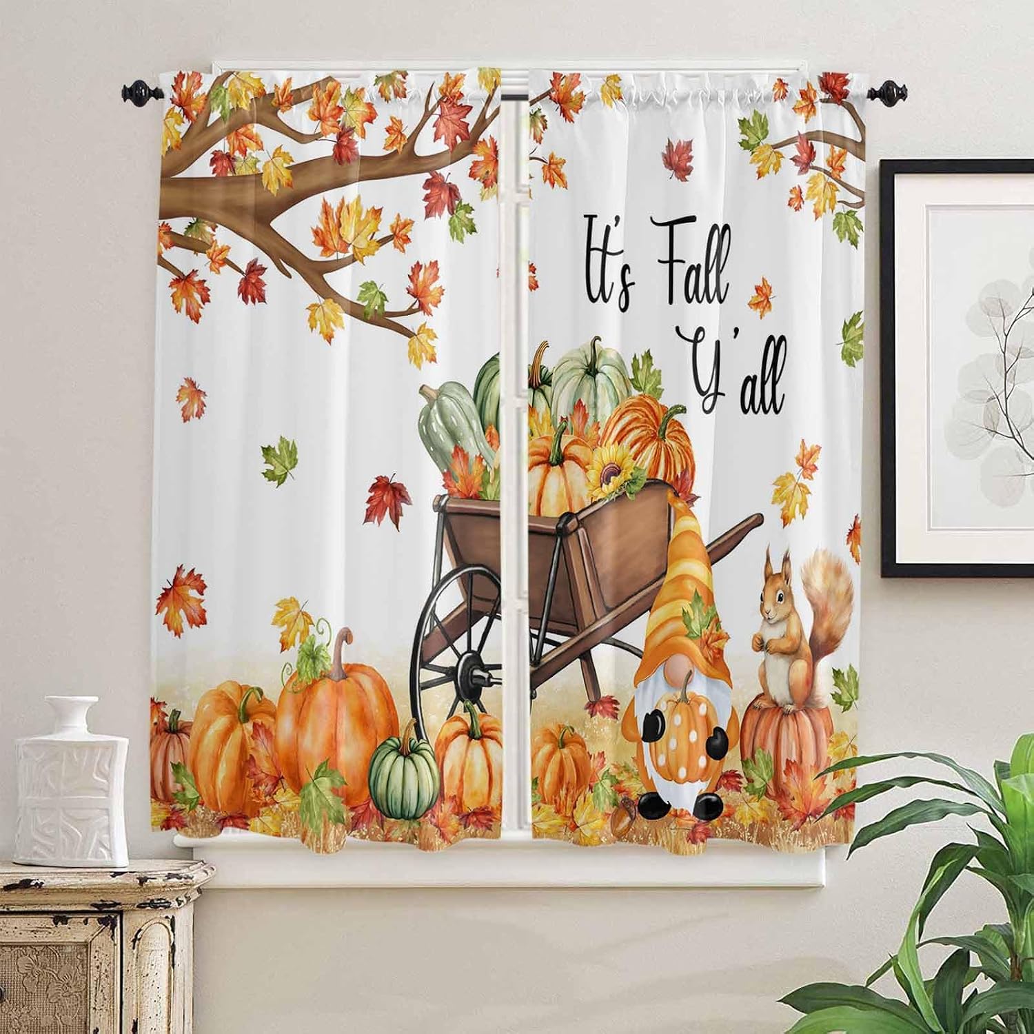 Fall Pumpkins Kitchen Curtains, Thanksgiving Gnomes Autumn Maple Country Rustic Light Filtering Window Curtain, 2Pcs Rod Pocket Window Treatments Set for Living Room Bathroom Bedroom 42x63 Inches
