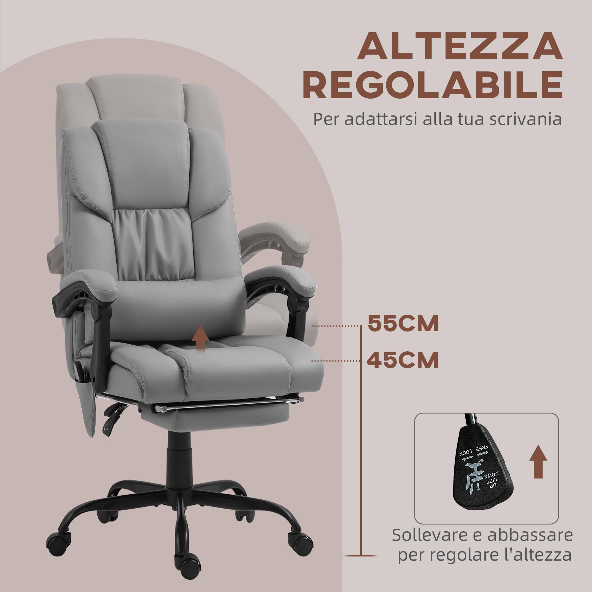Vinsetto Poltrona Massaggiante con Poggiapiedi 66x75x112-122 cm Grigio