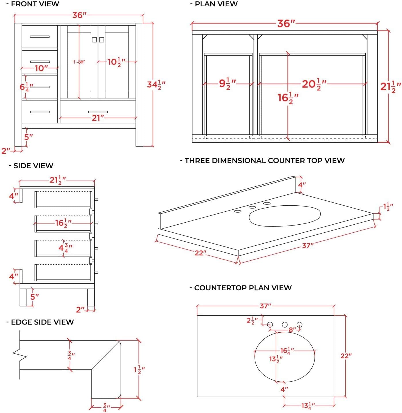 ARIEL Taylor 36-inch Bathroom Vanity with Sink,Solid Wood, 1.5-inch Pure White Quartz Countertop & Backsplash, Single Oval Porcelain Sink, 2 Soft Closing Doors, 5 Dovetail Drawers, White