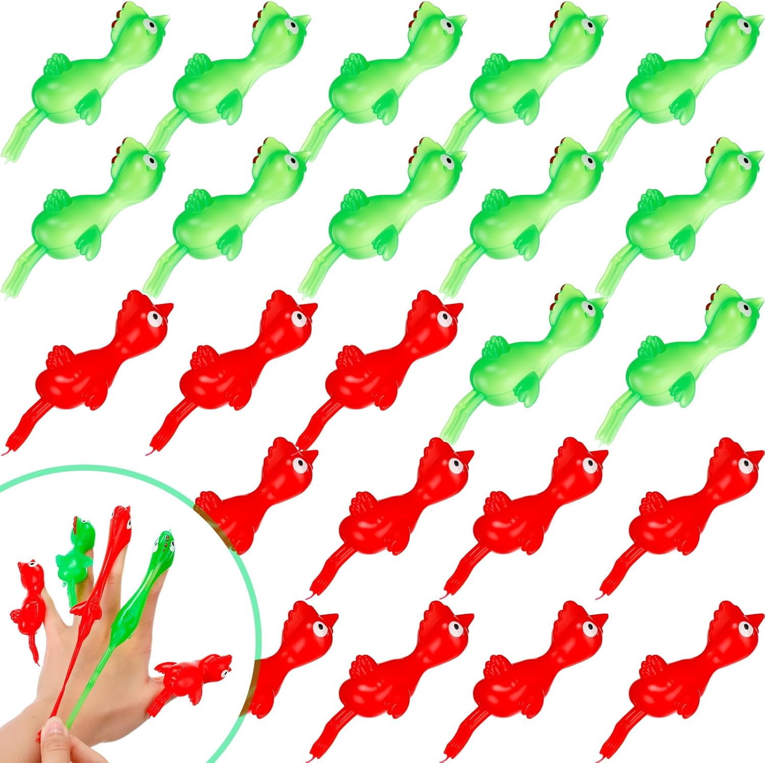 Sumind 32 Pieces Slingshot Chicken Flinger Party Favors Funny Mini Flying Rubber Chickens Bulk for Christmas Stocking Stuffers Classroom Prizes Birthday Gifts Goodie Bags Fillers(Red, Green)