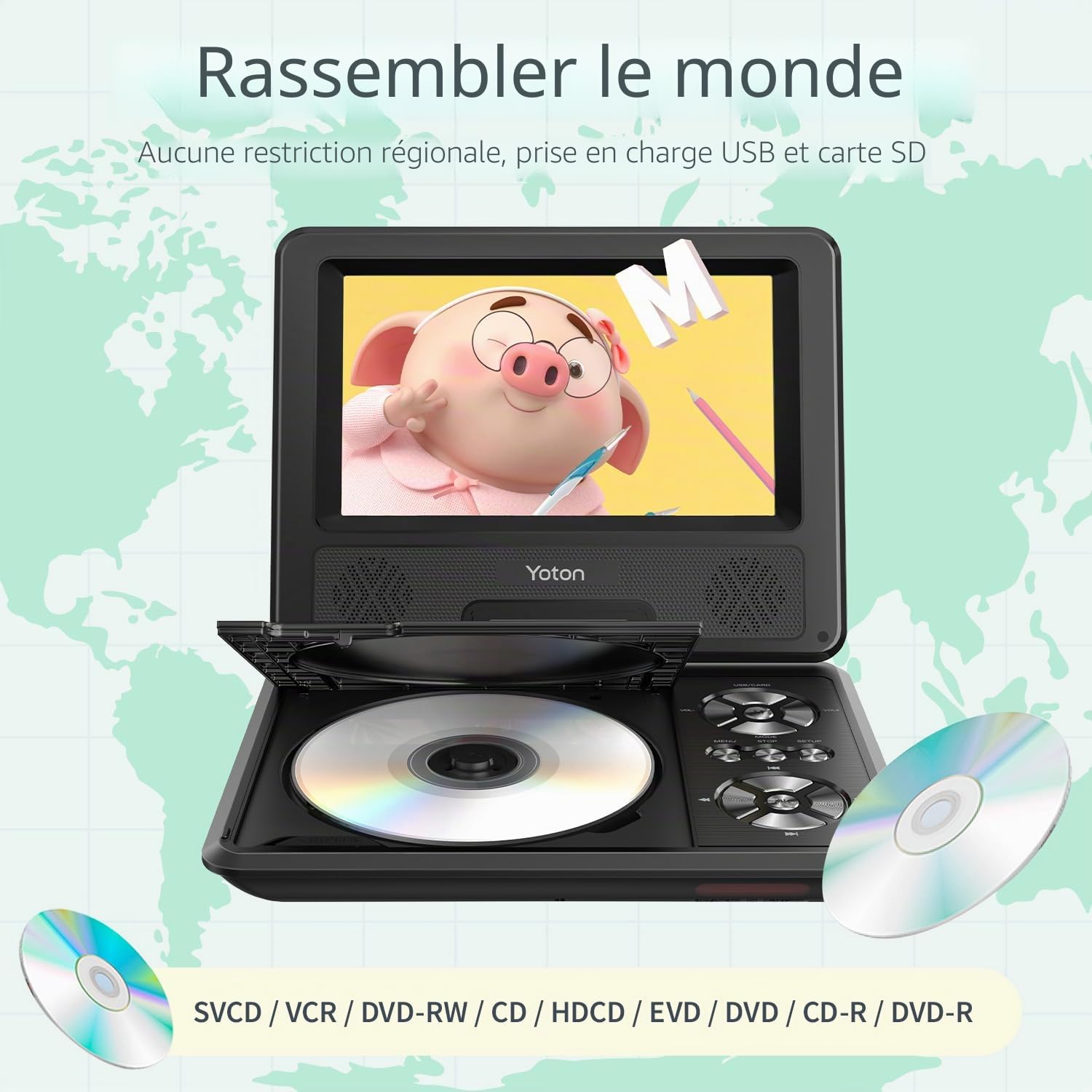 Yoton Lecteur DVD Portable Voiture 9,5" Écran Pivotant HD 7,5" Batterie Rechargeable 4-6h USB/SD/Synchro TV Haut-parleurs Stéréo