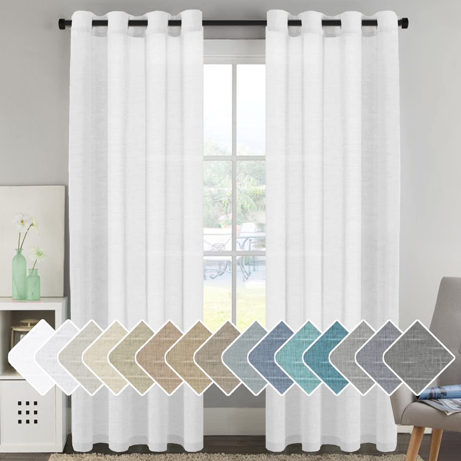 H.VERSAILTEX Linen Curtains Natural Blended Curtain Panels for Living Room/Light Reducing Linen Semi Sheer Curtains 96 inch Length 2 Panels Set Nickel Grommet Window Panels, 52" x 96", Pure White