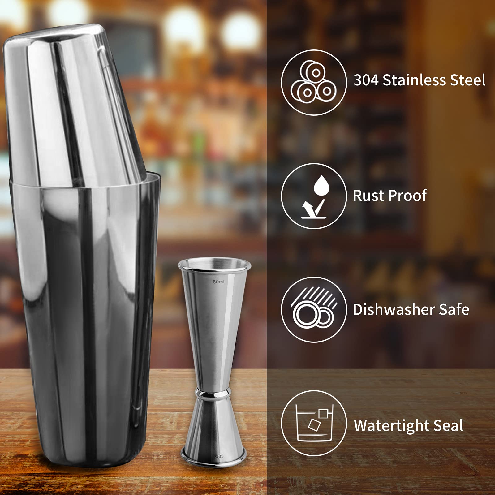 Anfly - Shaker Boston Professionnel | 750ml + 600ml + Jigger | Acier Inox 304 | Kit Cocktail Complet