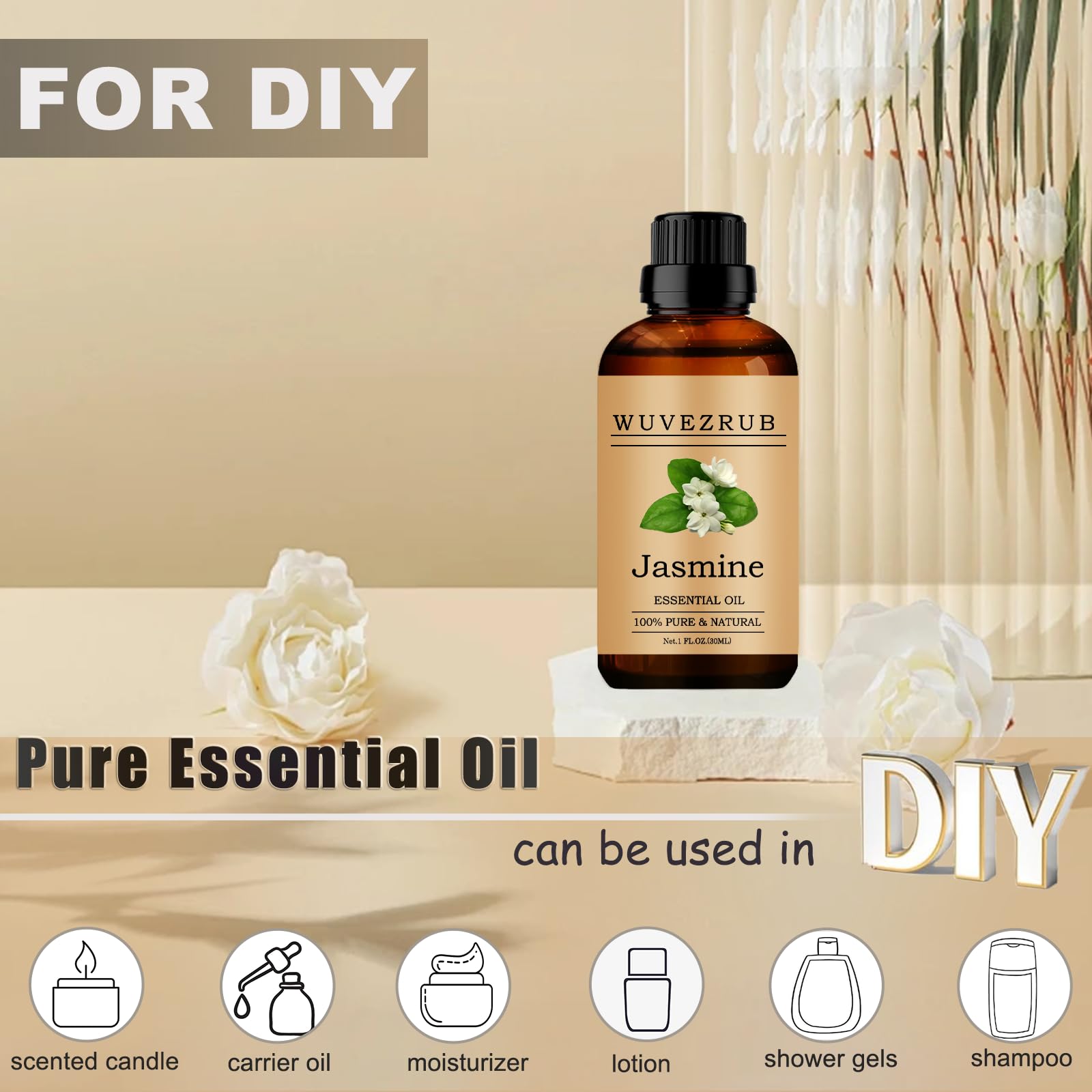 Aceites esenciales de jazmín orgánico de 30 ml, aceite esencial de jazmín puro y natural para difusor de aromaterapia, jazmín, 1 onza líquida